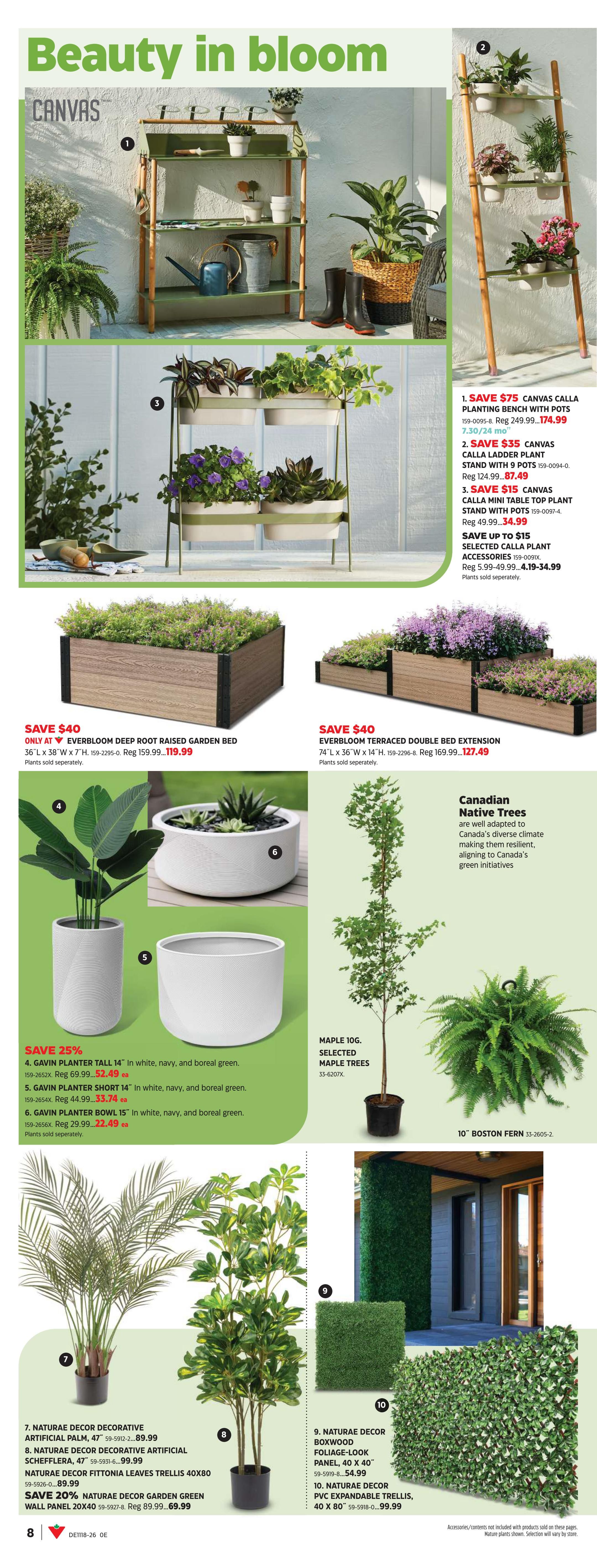 Canadian Tire Spring Inspiration flyer, page 10, featuring 'Beauty in bloom' garden decor. Includes a Canvas planting bench with pots, on sale for $174.99, a Canvas Calla planting stand with 9 pots, on sale for $87.49, and a Canvas Calla mini table top plant stand with pots, on sale for $34.99. Also features Everbloom deep root raised garden bed, save $40, now $119.99, and Everbloom terraced double bed extension, save $40, now $127.49. Gavin planter tall 14' in white, navy, and boreal green, save 25%, now $52.49. Gavin planter short 14' in white, navy, and boreal green, now $33.74. Gavin planter bowl 15' in white, navy, and boreal green, save 25%, now $22.49. Features a Maple 10G selected maple tree and a 10' Boston fern. Naturae decor artificial palm, 47', for $89.99. Naturae decor artificial Schefflera, 47', for $99.99. Naturae decor Fittonia leaves trellis 40x80, save 20%, now $69.99. Naturae decor boxwood foliage-look panel, 40 x 40', for $54.99. Naturae decor PVC expandable trellis, 40 x 80', for $99.99. The page also highlights Canadian Native Trees, well-adapted to Canada's climate.
