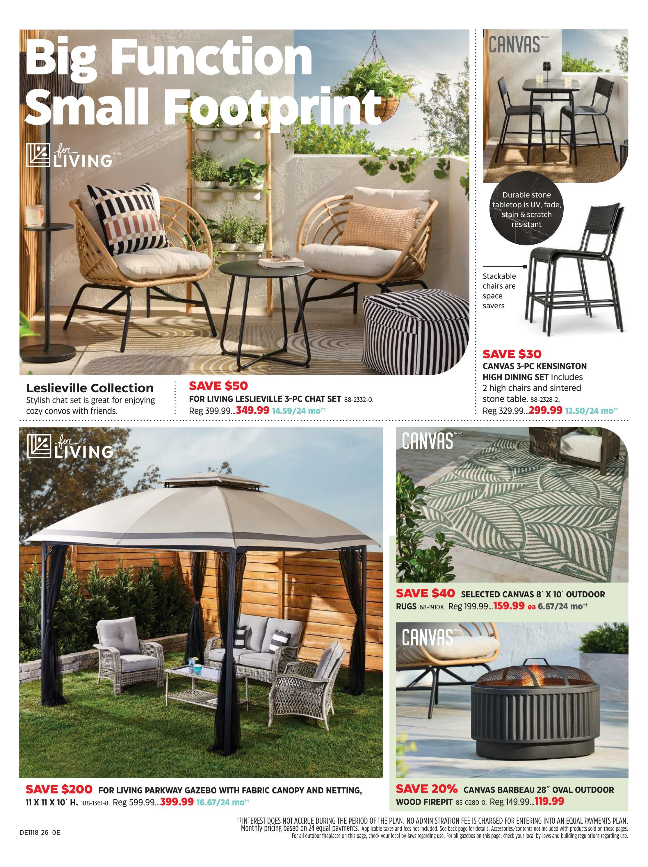 Canadian Tire Spring Inspiration flyer, page 11. Features the Leslieveille Collection stylish chat set, on sale for $349.99, saving $50. Also shown is the Canvas 3-pc Kensington High Dining Set with two chairs and a sintered stone table, on sale for $299.99, saving $30. The page highlights a Living Parkway Gazebo with fabric canopy and netting, 11 ft x 11 ft x 10 ft, on sale for $399.99, saving $200. Additionally, there are Canvas 8 ft x 10 ft outdoor rugs on sale for $159.99, saving $40, and a Canvas Barbeau 28' oval outdoor wood firepit on sale for $119.99, saving 20%.