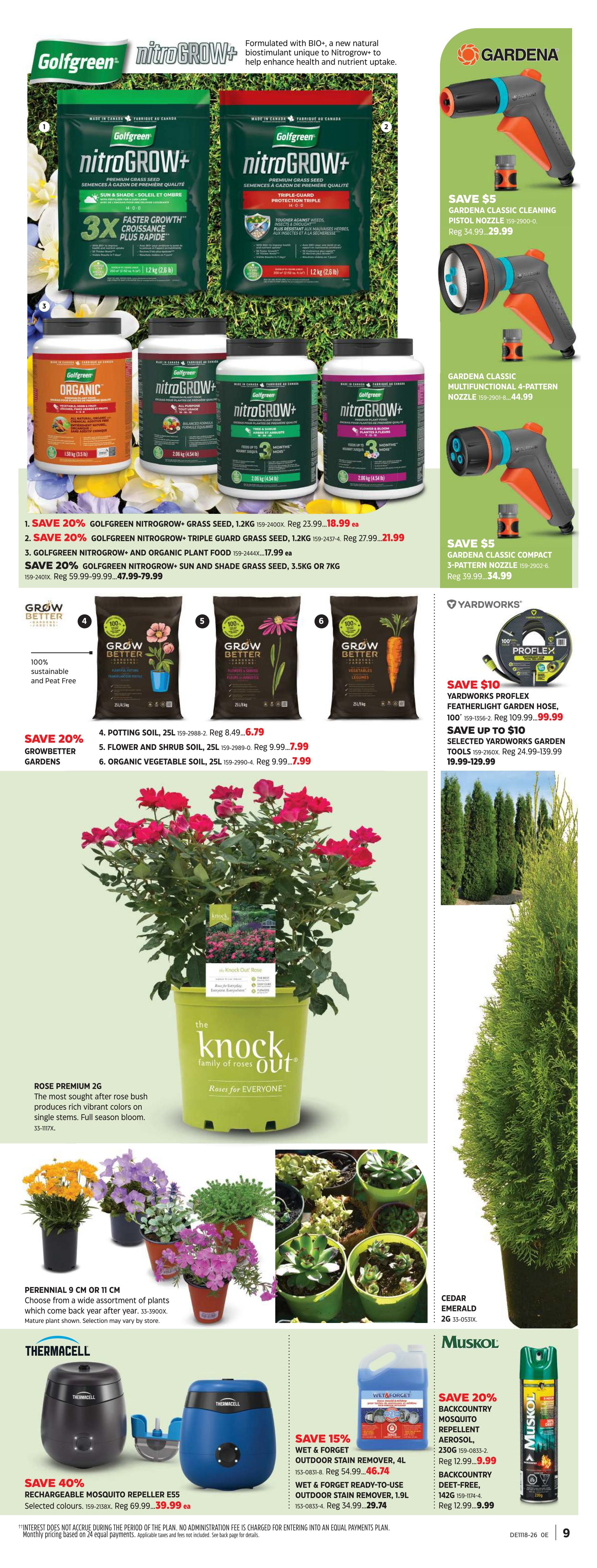 Canadian Tire Spring Inspiration flyer, page 9. Features Golfgreen Nitrogrow+ grass seed and soil products, including 1.2KG grass seed on sale for $18.99 (reg. $23.99), 2.8KG triple guard grass seed for $21.99 (reg. $27.99), and organic plant food for $17.99. Also on sale are 3.5KG or 7KG sun and shade grass seed for $47.99-$79.99. Grow Better Gardens soil products are 20% off, with 25L potting soil, flower and shrub soil, and organic vegetable soil all priced at $6.79-$7.99. A Knock Out Rose Premium 2G bush is featured. Perennial plants in 9 CM or 11 CM pots are available in various colours. Gardena Classic cleaning pistol nozzle is on sale for $29.99 (reg. $34.99) and a multifunctional 4-pattern nozzle is $44.99. Yardworks Proflex featherlight garden hose (100') is on sale for $99.99 (reg. $109.99) and selected Yardworks tools are $19.99-$129.99. Thermacell rechargeable mosquito repeller E55 is 40% off at $39.99. Wet & Forget outdoor stain remover (4L) is 15% off at $46.74, and the ready-to-use version (1.9L) is $29.74. Muskol repellent products include a 230g mosquito repellent aerosol for $9.99 (reg. $12.99) and a 142G DEET-free repellent for $9.99 (reg. $12.99).