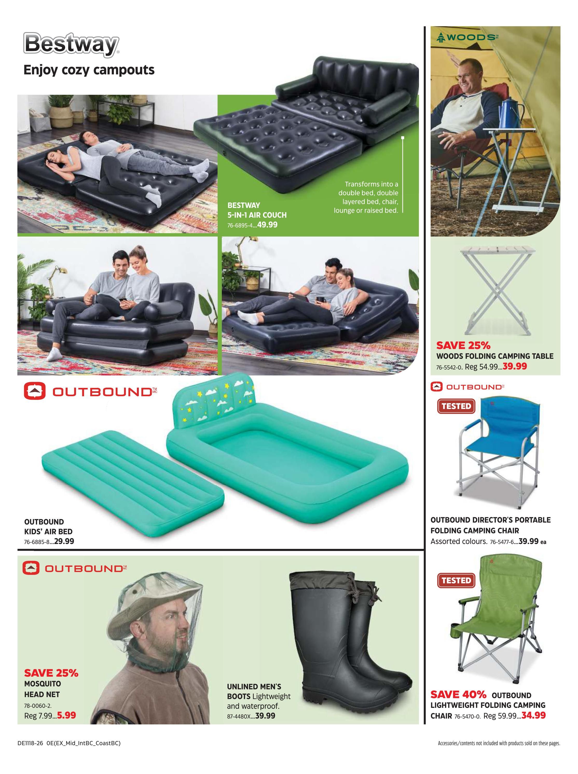 Canadian Tire Spring Inspiration flyer, page 13. Features Bestway 5-in-1 Air Couch that transforms into a double bed, double layered bed, chair, lounge, or raised bed for $49.99. Also shown are Outbound Kids' Air Bed for $29.99. Save 25% on Outbound Mosquito Head Net, now $5.99 (regular $7.99). Unlined Men's Boots, lightweight and waterproof, are $39.99. On the right side, save 25% on Woods Folding Camping Table, now $39.99 (regular $54.99). Outbound Director's Portable Folding Camping Chair in assorted colours is $39.99 each. Save 40% on Outbound Lightweight Folding Camping Chair, now $34.99 (regular $59.99).
