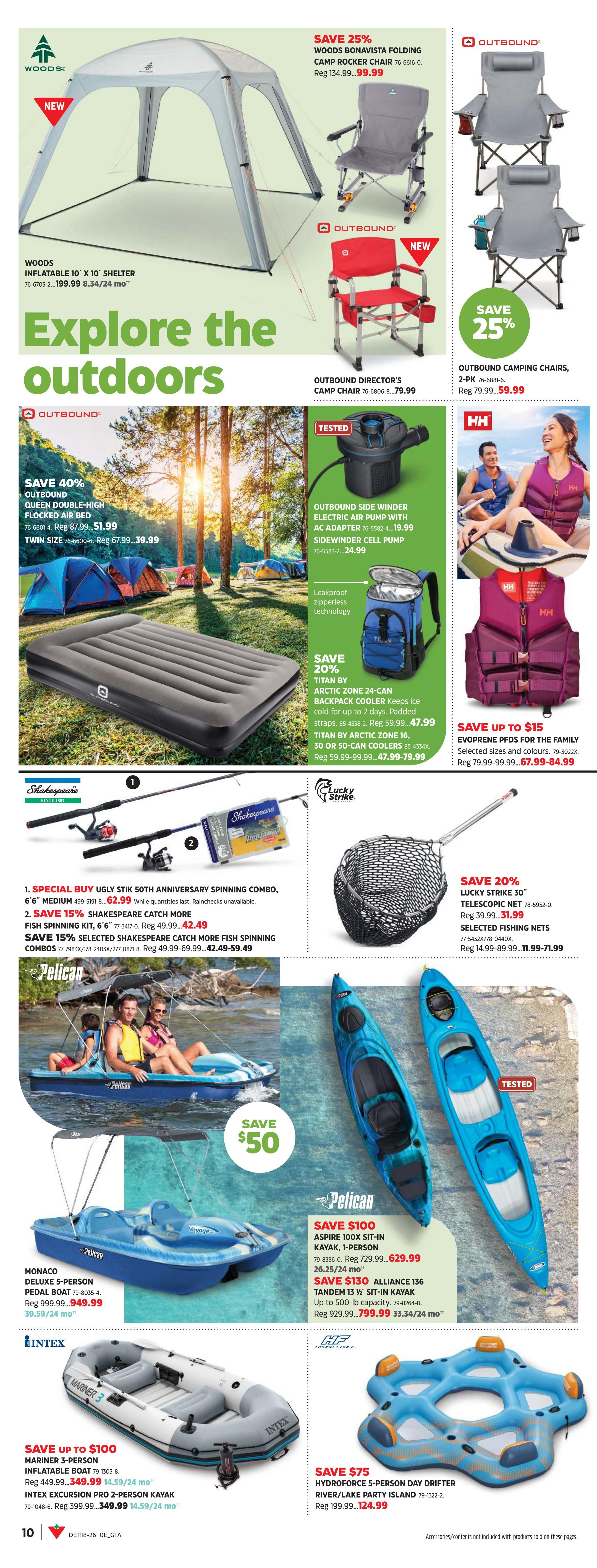 Canadian Tire Spring Inspiration flyer, page 14. Explore the outdoors with deals on camping and water recreation gear. Featured items include a Woods inflatable 10' x 10' shelter, Woods Bonavista folding camp rocker chair on sale for $99.99 (save 25%), and Outbound Director's camp chairs for $79.99. Save 40% on Outbound Queen Double-High Flocked Air Bed for $51.99, and Twin size for $39.99. Also available is an Outbound Side Winder electric air pump with AC adapter for $19.99 and a Sidewinder cell pump for $24.99. Save 20% on Titan by Arctic Zone 24-can backpack cooler for $47.99 and Titan by Arctic Zone 30 or 50-can coolers for $47.99-$79.99. Save up to $15 on Evoprene PFDs for the family, with prices starting at $67.99. Fishing gear includes a Special Buy Ugly Stik 50th Anniversary Spinning Combo for $62.99, and save 15% on Shakespeare Catch More fish spinning kits and combos, priced from $42.49-$59.49. A Lucky Strike 30' telescopic net is on sale for $31.99, with selected fishing nets priced from $11.99-$71.99. Watercraft deals include saving $50 on a Pelican Monaco Deluxe 5-person pedal boat for $949.99. Save $100 on a Pelican Aspire 100X sit-in kayak for $629.99. Save $130 on a Pelican Alliance 136 tandem 13 1/2' sit-in kayak for $799.99. Save up to $100 on an Intex Mariner 3-person inflatable boat for $349.99 and Intex Excursion Pro 2-person kayak for $349.99. Save $75 on a Hydroforce 5-person Day Drifter river/lake party island for $124.99.