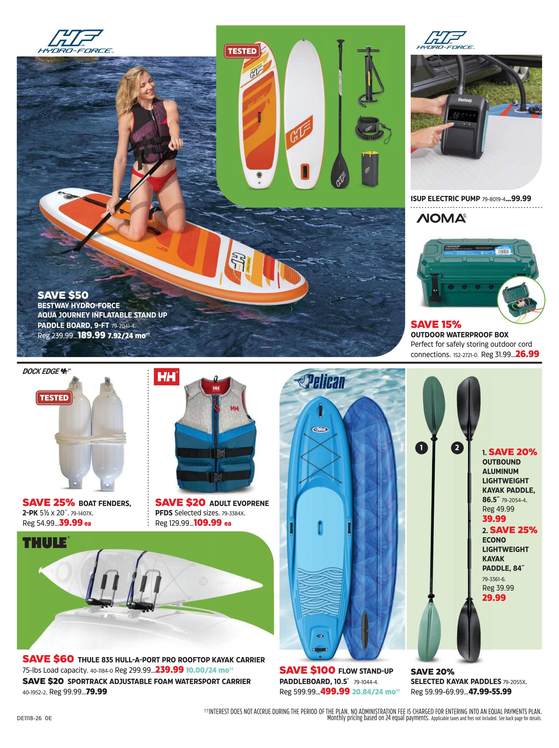 Canadian Tire Spring Inspiration flyer, page 15. Features a woman on a Bestway Hydro-Force Aqua Journey inflatable stand-up paddleboard, 9-ft, on sale for $189.99 (regular $239.99), with a $50 saving. Also shown is a Hydro-Force paddleboard kit with paddle, pump, and leash. A Bestway electric pump is available for $99.99. Save 15% on an Outdoor Waterproof Box for $26.99 (regular $31.99). Dock Edge 2-pack of 5 1/2' x 20' boat fenders is on sale for $39.99 (regular $54.99), a 25% saving. HH Adult Evoprene PFDs are $20 off, priced at $109.99 (regular $129.99). Pelican Flow stand-up paddleboard, 10.5', is on sale for $499.99 (regular $599.99), a $100 saving. Thule 835 Hull-A-Port Pro Rooftop Kayak Carrier is $60 off, priced at $239.99 (regular $299.99), with monthly payments of $10.00/24 mo. Thule Sportrack Adjustable Foam Watersport Carrier is $20 off, priced at $79.99 (regular $99.99). Save 20% on selected kayak paddles, priced from $47.99-$55.99 (regular $59.99-$69.99). One outbound aluminum lightweight kayak paddle is $39.99 (regular $49.99), and an econo lightweight kayak paddle is $29.99 (regular $39.99).