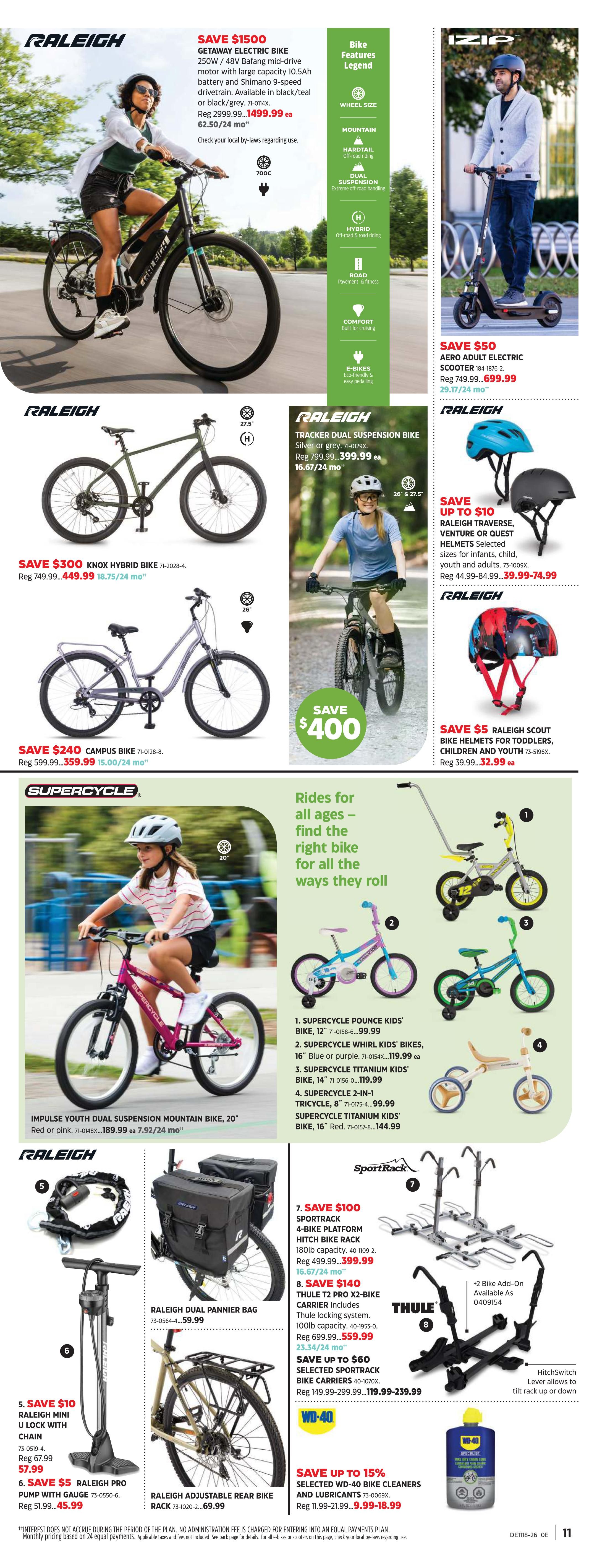 Canadian Tire flyer page 16 featuring a variety of bikes and accessories. Save $1500 on the Raleigh Getaway Electric Bike, now $1499.99. Save $50 on the Izio Aero Adult Electric Scooter, now $699.99. Save $300 on the Raleigh Knox Hybrid Bike, now $449.99. Save $400 on the Raleigh Tracker Dual Suspension Bike, now $399.99. Save $240 on the Raleigh Campus Bike, now $359.99. Save up to $10 on Raleigh Traverse, Venture or Quest Helmets, starting at $39.99. Save $5 on Raleigh Scout Bike Helmets for toddlers, children and youth, now $32.99. The Supercycle Impulse Youth Dual Suspension Mountain Bike is $189.99. Featured Supercycle kids' bikes include the Pounce Kids' Bike (12') for $99.99, Whirl Kids' Bikes (16') in blue or purple for $119.99, and Titanium Kids' Bikes (16') in red for $144.99. Also available is the Supercycle 2-in-1 Tricycle (8') for $99.99. Save $100 on the Sportrack 4-bike platform hitch bike rack, now $399.99. Save $140 on the Thule Pro X2-Bike Carrier, now $559.99. Save up to $60 on selected Sportrack bike carriers, now $119.99-$239.99. Save up to 15% on selected WD-40 Bike Cleaners and Lubricants, now $9.99-$18.99.99. Additional items include the Raleigh Dual Pannier Bag for $59.99, the Raleigh Mini U-Lock with Chain for $57.99, and the Raleigh Pro Pump with Gauge for $45.99. A Raleigh Adjustable Rear Bike Rack is also shown.