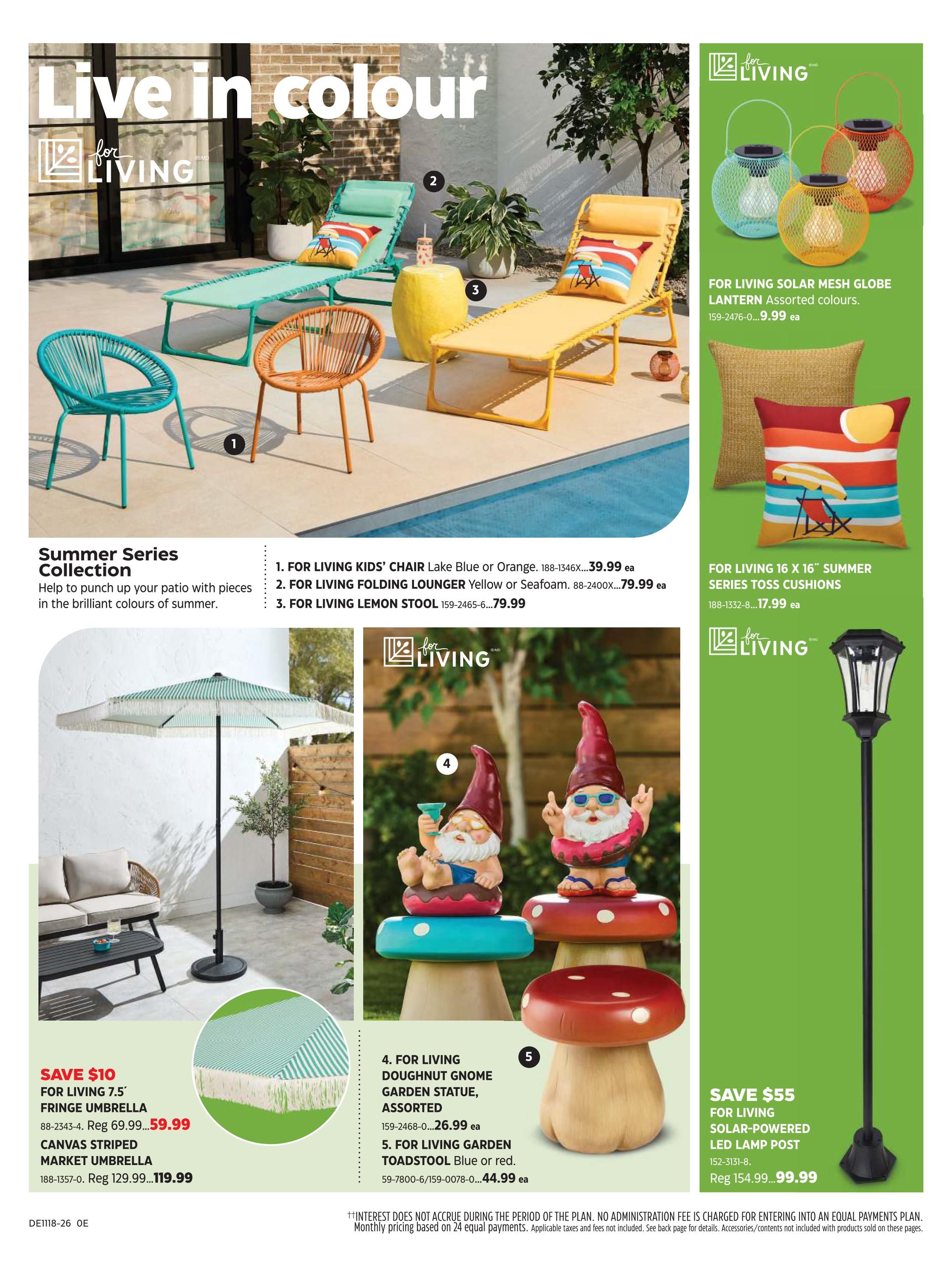 Canadian Tire Spring Inspiration flyer, page 19. Features outdoor living and garden decor. The 'Live in colour' section showcases For Living Kids' Chair in Lake Blue or Orange for $39.99, For Living Folding Lounger in Yellow or Seafoam for $79.99, and For Living Lemon Stool for $79.99. Also shown are For Living Solar Mesh Globe Lanterns in assorted colours for $9.99 each, and For Living 16 x 16' Summer Series Toss Cushions for $17.99. The lower section highlights a Save $10 offer on a For Living 7.5' Fringe Umbrella for $59.99 (regular $69.99) and a Canvas Striped Market Umbrella for $119.99 (regular $129.99). Garden decor includes For Living Doughnut Gnome Garden Statues, assorted, for $26.99 and For Living Garden Toadstool decor for $44.99. A Save $55 offer is available on the For Living Solar-Powered LED Lamp Post for $99.99 (regular $154.99).