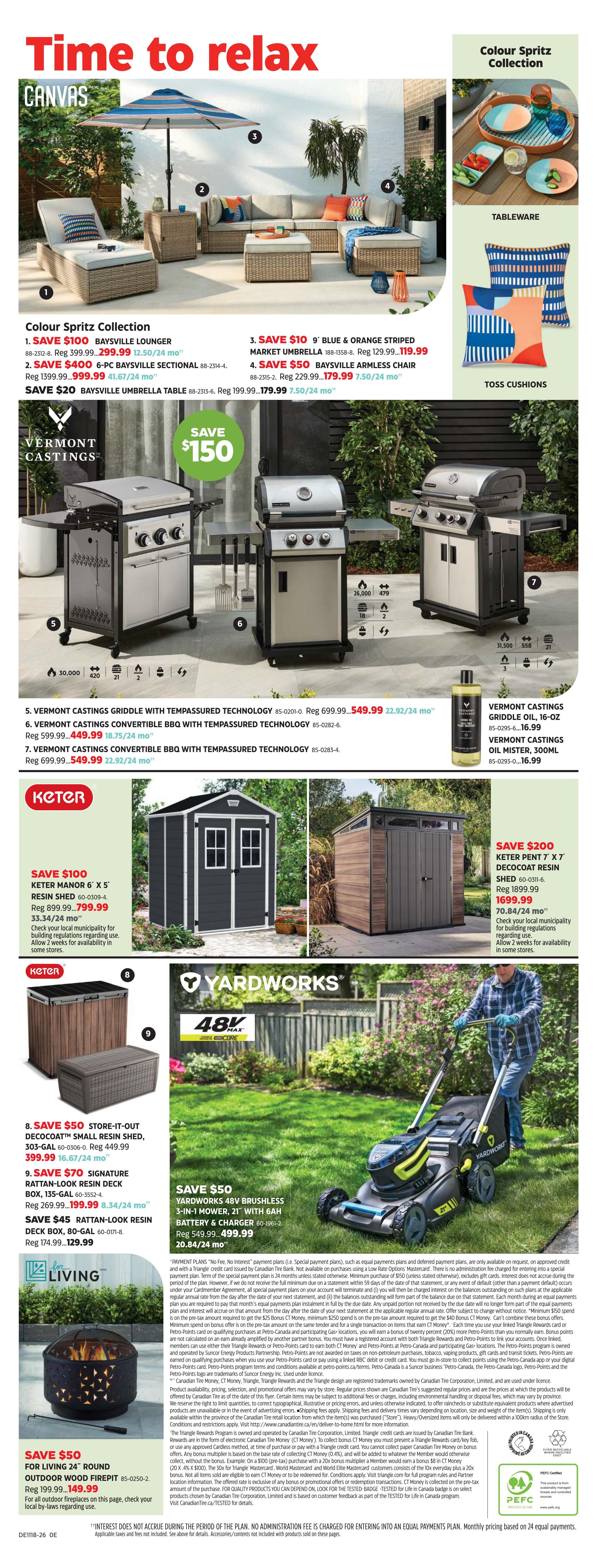 Canadian Tire Spring Inspiration flyer, page 23. Features outdoor living and grilling products. Top section showcases the Colour Spritz Collection with a Baysville Lounger on sale for $100 off, now $399.99, and a 6-pc Baysville Sectional for $400 off, now $1399.99. Also available is a 9' Blue & Orange Striped Market Umbrella for $10 off, now $119.99, and a Baysville Armless Chair for $50 off, now $179.99. A Baysville Umbrella Table is on sale for $20 off, now $179.99. Below, Vermont Castings Griddles and BBQs are featured. The Vermont Castings Griddle with TempAssured Technology is $699.99, now $549.99. The Vermont Castings Convertible BBQ with TempAssured Technology is $449.99, now $18.75/24 mo. Another Vermont Castings Convertible BBQ is $549.99, now $22.92/24 mo. Also available are Vermont Castings Griddle Oil for $16.99 and Vermont Castings Oil Mister for $16.99. The Keter section features a Keter Manor 6' x 5' Resin Shed for $100 off, now $799.99. A Keter Pent 7' x 7' Decocoat Resin Shed is $200 off, now $1699.99. Storage solutions include a Store-It-Out Rattan Deck Box for $50 off, now $129.99, and a Rattan-Look Resin Deck Box for $45 off, now $174.99. Yardworks 48V Brushless 3-in-1 Mower with 21' Bath is on sale for $50 off, now $499.99. The Living section highlights a 'For Living' Round Outdoor Wood Firepit for $50 off, now $149.99. The flyer includes financing information and details on the Triangle Rewards program.