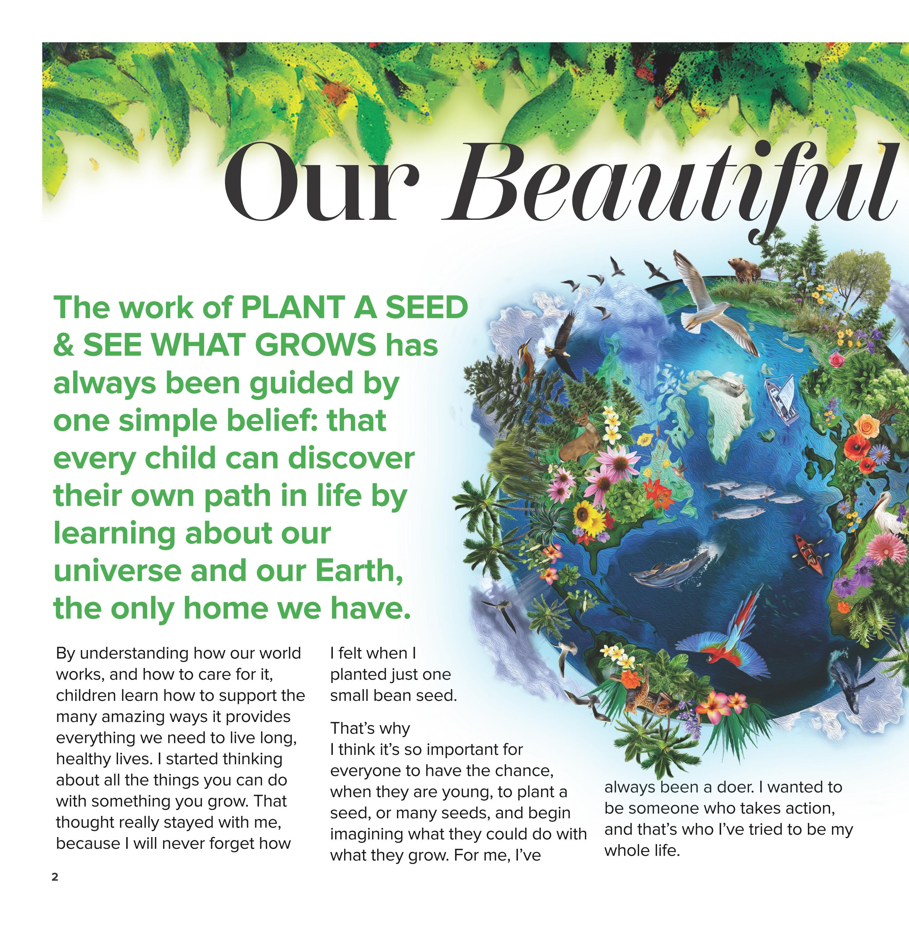 Page 2 of the Nutter's Bulk & Natural Foods flyer, featuring the title 'Our Beautiful'. The page contains text about the work of PLANT A SEED & SEE WHAT GROWS, emphasizing learning about the universe and Earth. It includes a large, vibrant illustration of the Earth teeming with diverse flora, fauna, and human activities like boating and kayaking. The text discusses understanding the world, caring for it, and the importance of planting seeds. There are no product listings or prices on this page.