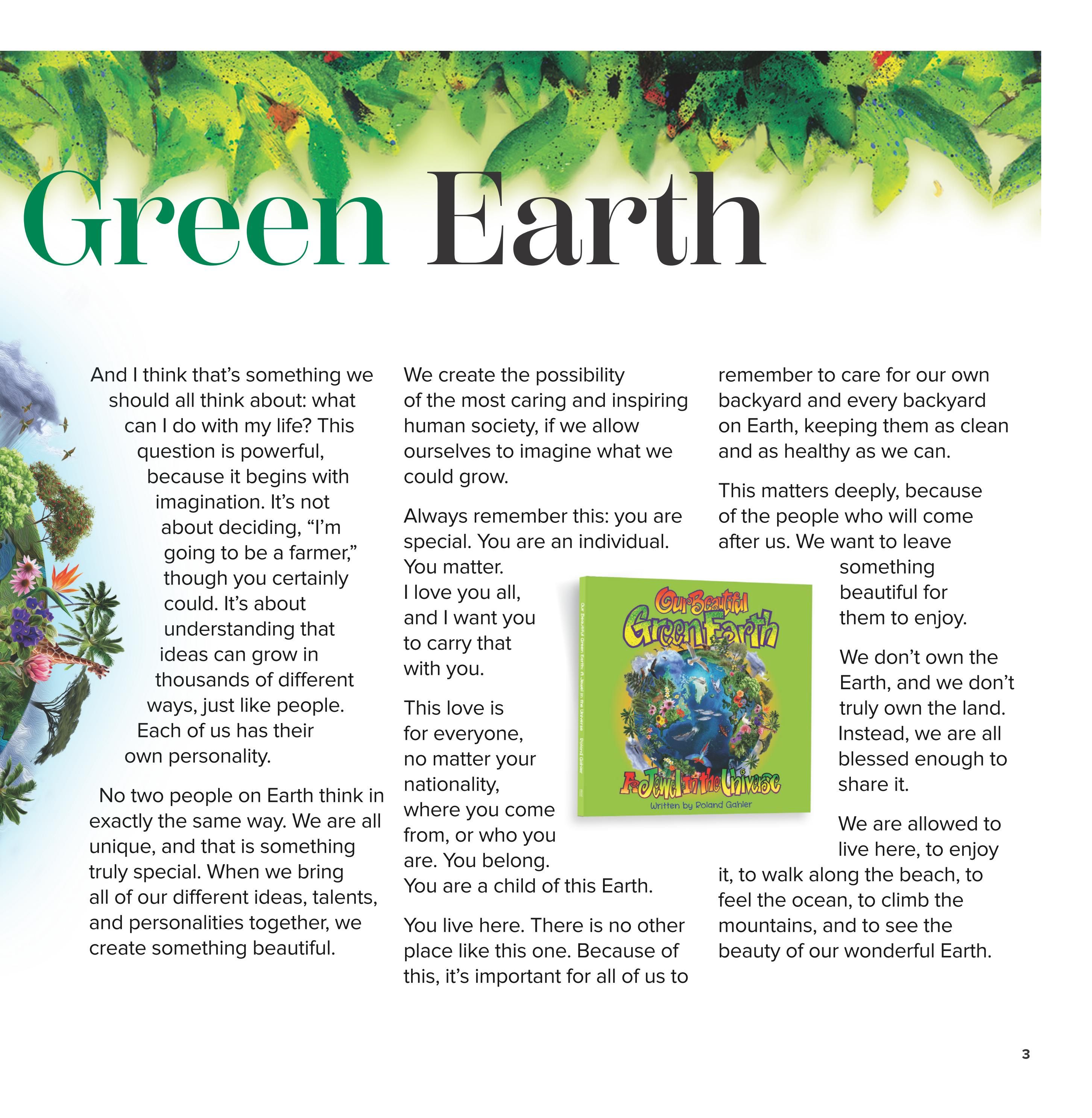 Page 3 of the Nutter's Bulk & Natural Foods flyer, featuring the title 'Green Earth' in large green and black text. The page contains inspirational text about individuality, imagination, and caring for the Earth. It includes an image of a book cover titled 'Our Beautiful Green Earth' by Roland Gahler, depicting the Earth surrounded by nature and wildlife. The text emphasizes the uniqueness of each person and the importance of collective effort in creating a beautiful world, encouraging readers to appreciate and protect the planet.