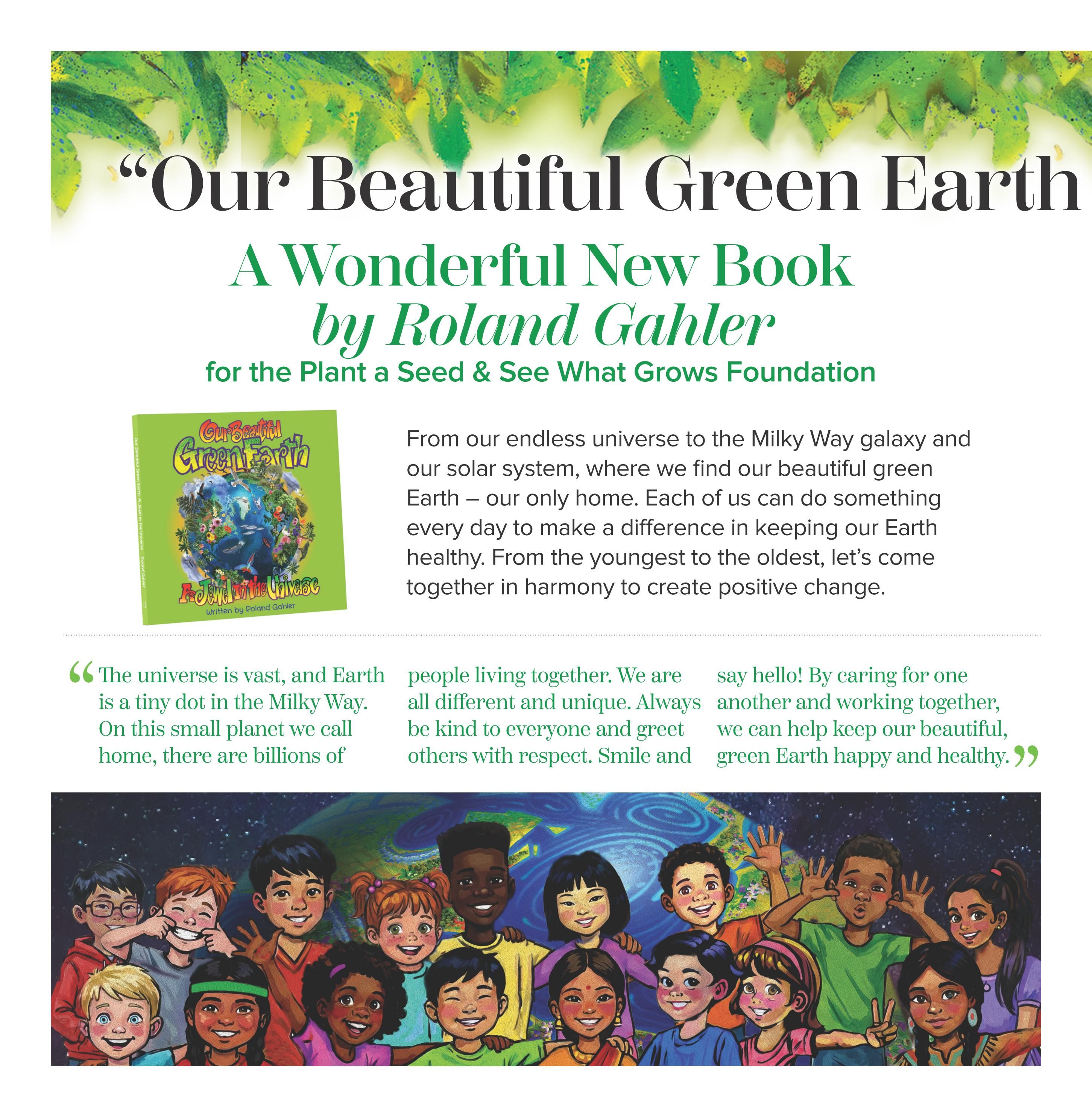 Nutter's Bulk & Natural Foods flyer, page 4. Features the book 'Our Beautiful Green Earth' by Roland Gahler, a new book for the Plant a Seed & See What Grows Foundation. The book's description highlights its message about our solar system, Earth as our home, and making a difference in keeping it healthy. Includes quotes about the vastness of the universe, the diversity of people, and working together to care for our planet. The page also displays an illustration of diverse children smiling and interacting, with a backdrop of Earth and stars.