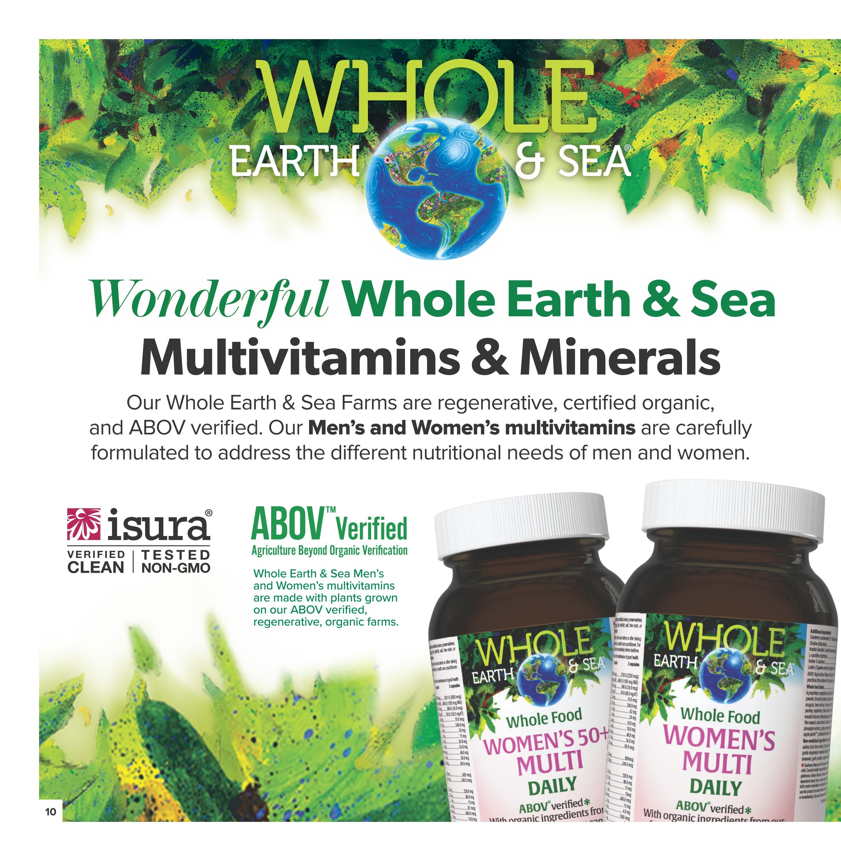 Page 10 of the Nutter's Bulk & Natural Foods flyer, featuring Whole Earth & Sea Multivitamins & Minerals. The page highlights 'Wonderful Whole Earth & Sea Multivitamins & Minerals' with text explaining they are regenerative, certified organic, and ABOV verified. It showcases 'Whole Food Women's 50+ Multi Daily' and 'Whole Food Women's Multi Daily' products, both ABOV verified with organic ingredients. The page also includes 'Isura Verified Clean Non-GMO' and 'ABOV Verified Agriculture Beyond Organic Verification' logos.