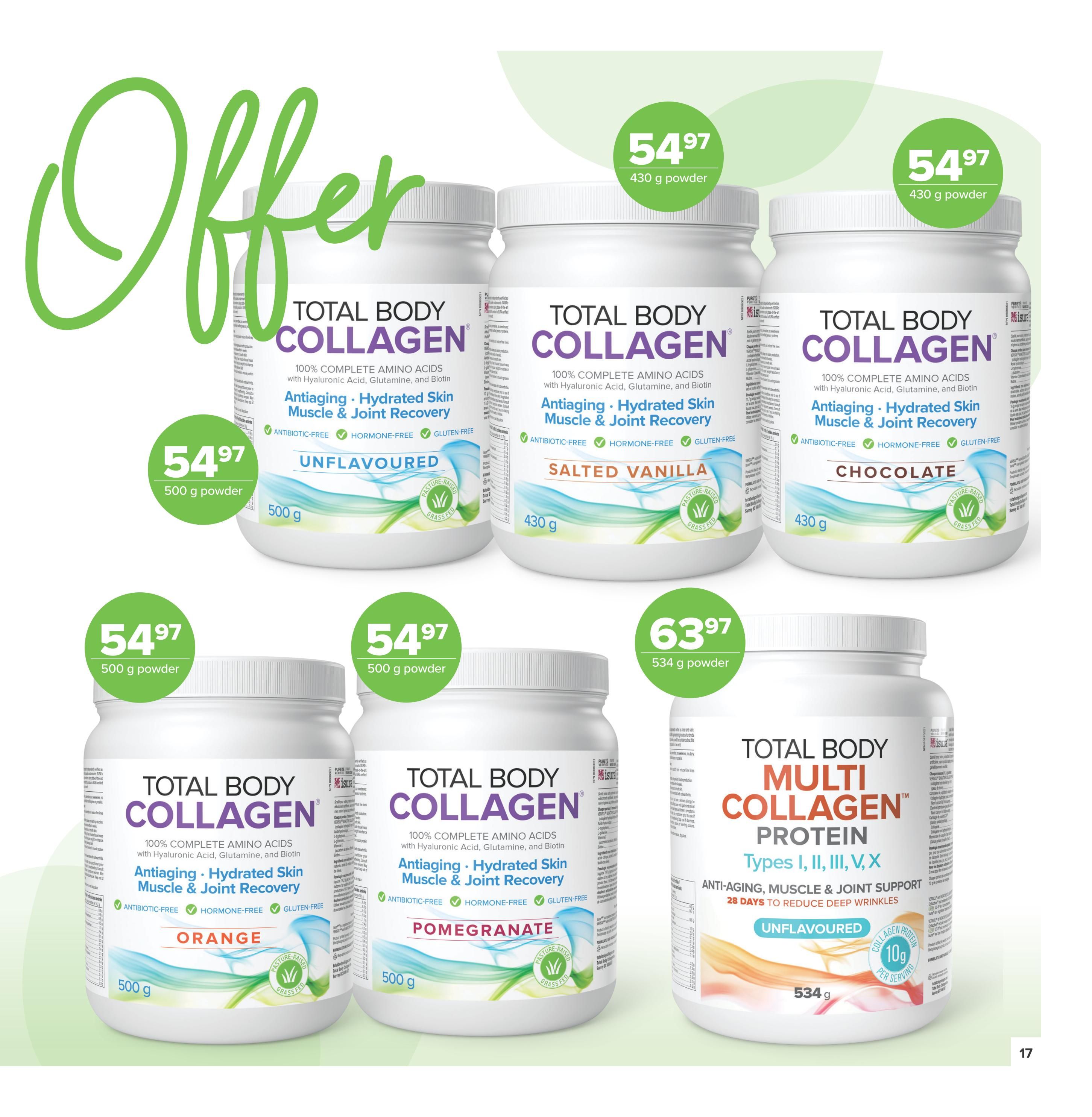 Nutter's Bulk & Natural Foods flyer specials page 17 features Total Body Collagen products. The Unflavoured, Salted Vanilla, and Chocolate Total Body Collagen 430g powders are each priced at $54.97. The Orange and Pomegranate Total Body Collagen 500g powders are also $54.97 each. Additionally, Total Body Multi Collagen Protein powder in Unflavoured, offering Types I, II, III, V, X for anti-aging, muscle & joint support with 10g of collagen per serving, is available for $63.97 for a 534g container.