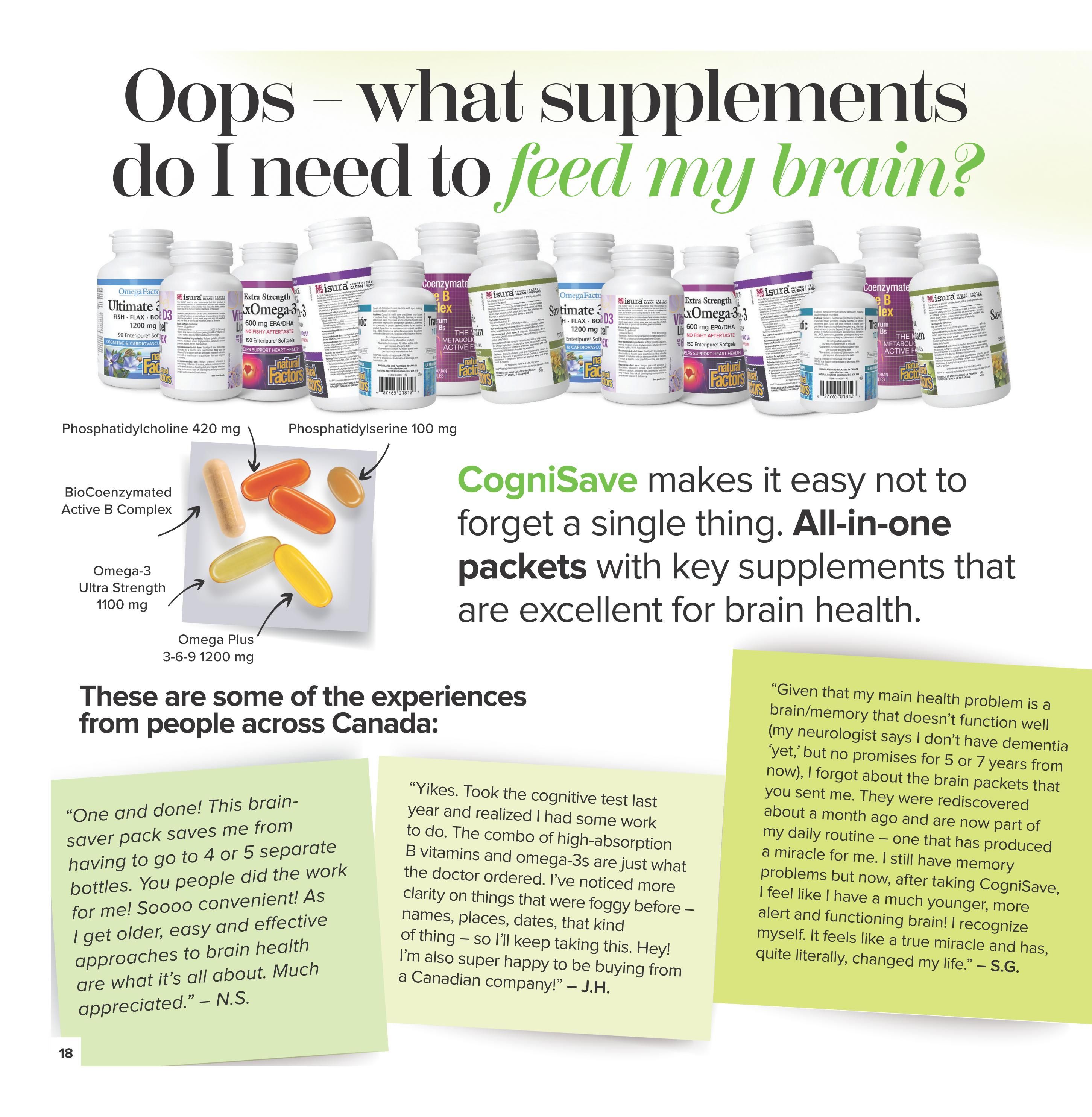 Nutter's Bulk & Natural Foods flyer page 18 features supplements for brain health. The page highlights CogniSave all-in-one packets with key supplements for brain health. Pictured are various supplements including OmegaFactors Ultimate 3-6-9 1200 mg, Isura Max Omega-3 600 mg EPA/DHA, and Natural Factors Extra Strength xOmega-3 1200 mg. Also shown are individual supplement capsules and softgels: Phosphatidylcholine 420 mg, Phosphatidylserine 100 mg, BioCoenzymated Active B Complex, Omega-3 Ultra Strength 1100 mg, and Omega Plus 3-6-9 1200 mg. The page includes testimonials from Canadian customers sharing positive experiences with brain health supplements.