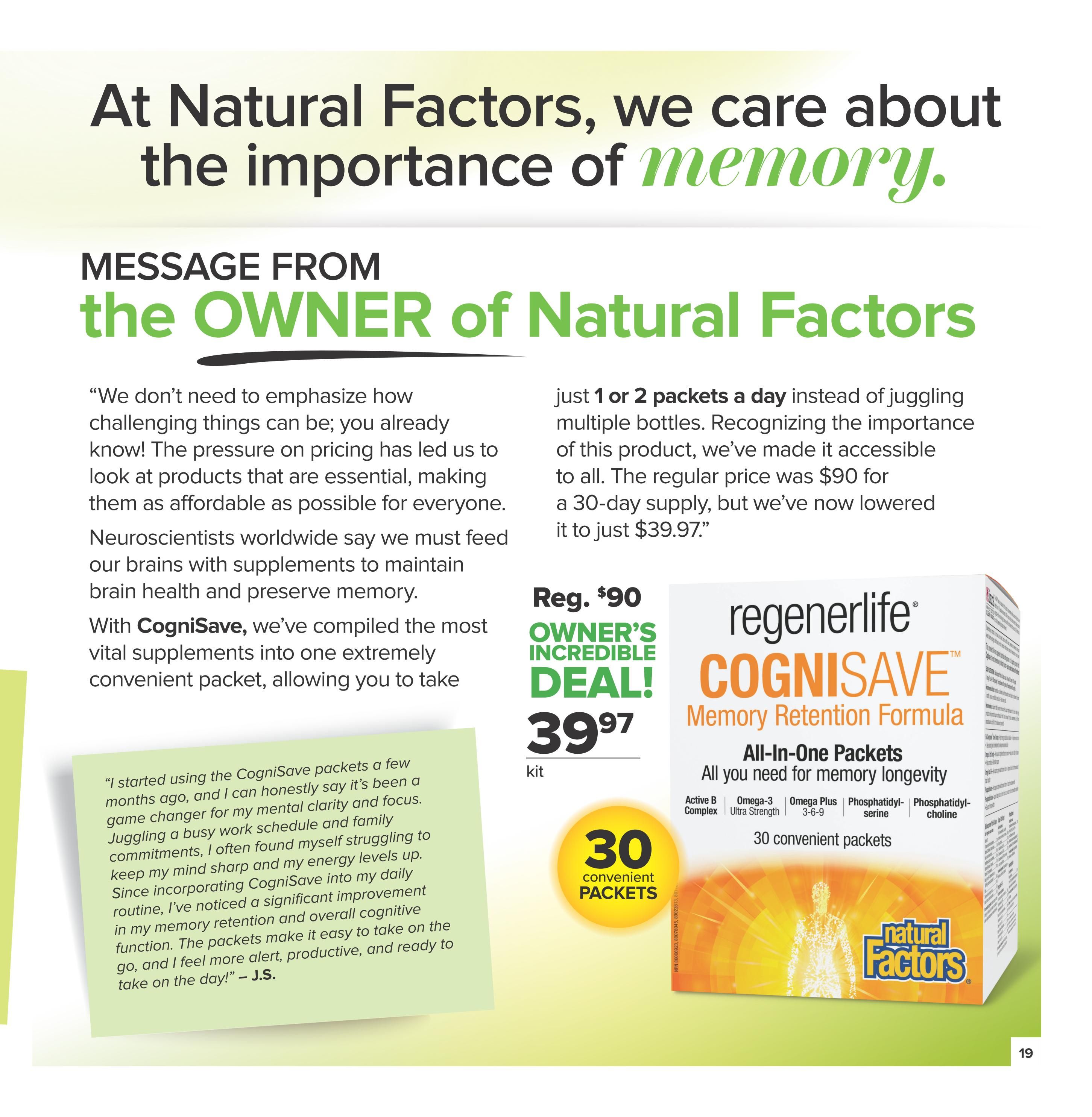Nutter's Bulk & Natural Foods flyer page featuring a message from the owner about the importance of memory. The page highlights Natural Factors CogniSave Memory Retention Formula, an All-In-One Packet solution for memory longevity. It contains 30 convenient packets, including Active B Complex, Omega-3 Ultra Strength, Omega Plus 3-6-9, Phosphatidyl-serine, and Phosphatidylcholine. This product is on an Owner's Incredible Deal, reduced from a regular price of $90 to $39.97 for a 30-day supply. A customer testimonial praises CogniSave for improving mental clarity, focus, and energy levels. Page 19 of 24.