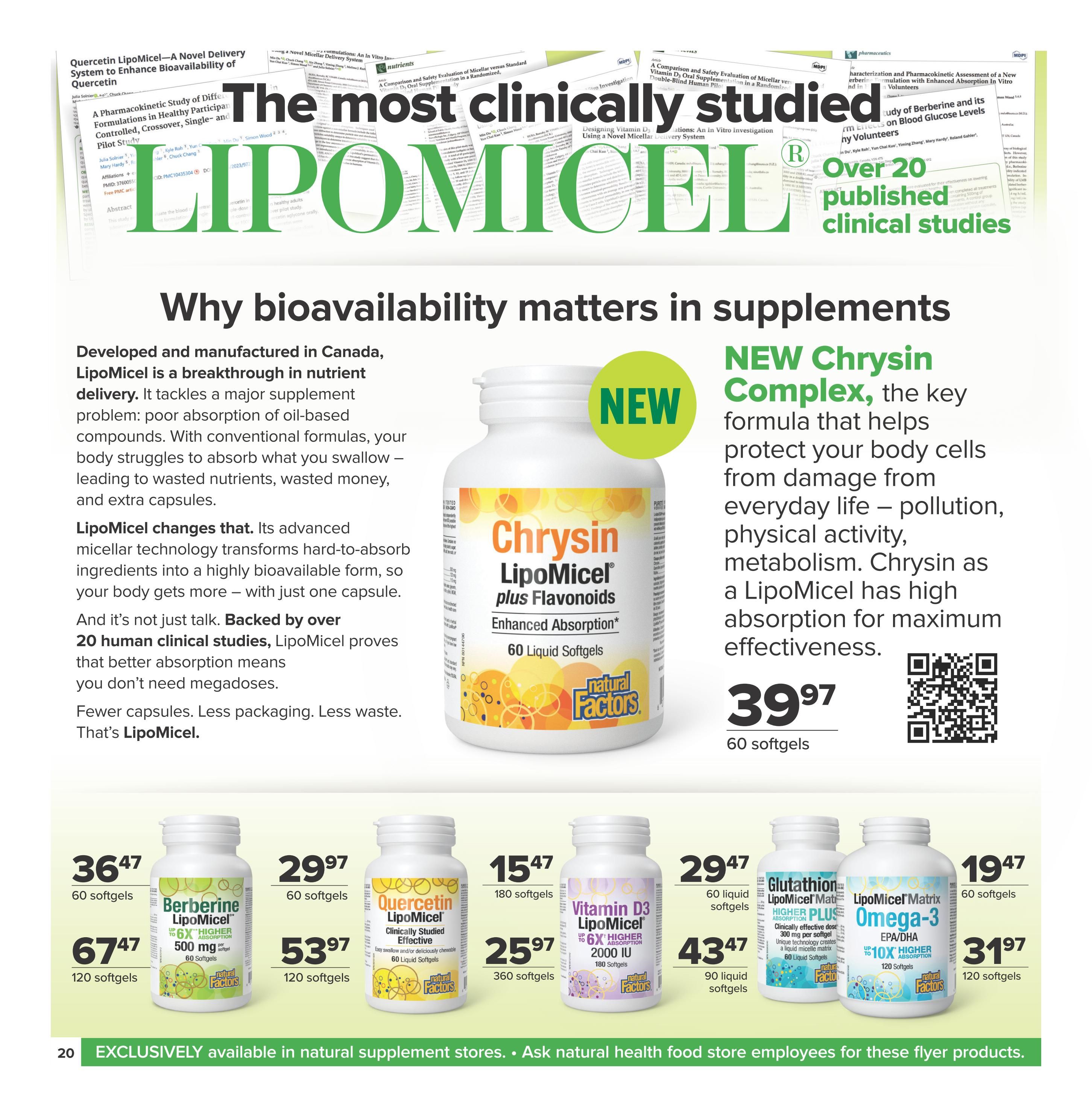 Nutter's Bulk & Natural Foods flyer page 20 features LipoMicel supplements. The page highlights 'The most clinically studied' with over 20 published clinical studies. It explains why bioavailability matters in supplements and introduces NEW Chrysin Complex LipoMicel plus Flavonoids with enhanced absorption, available in 60 liquid softgels for $39.97. Featured products include: Berberine LipoMicel 500 mg, 60 softgels for $36.47 and 120 softgels for $67.47. Quercetin LipoMicel, clinically studied effective, 60 liquid softgels for $29.97 and 120 liquid softgels for $53.97. Quercetin LipoMicel, 180 softgels for $15.47 and 360 softgels for $25.97. Vitamin D3 LipoMicel 2000 IU, 60 liquid softgels for $29.47 and 90 liquid softgels for $43.47. Glutathione LipoMicel Matrix PLUS, clinically effective dose 300 mg per softgel, 60 liquid softgels for $19.47. LipoMicel Matrix Omega-3 EPA/DHA with up to 10X higher absorption, 120 softgels for $31.97. The bottom banner states: EXCLUSIVELY available in natural supplement stores. Ask natural health food store employees for these flyer products.