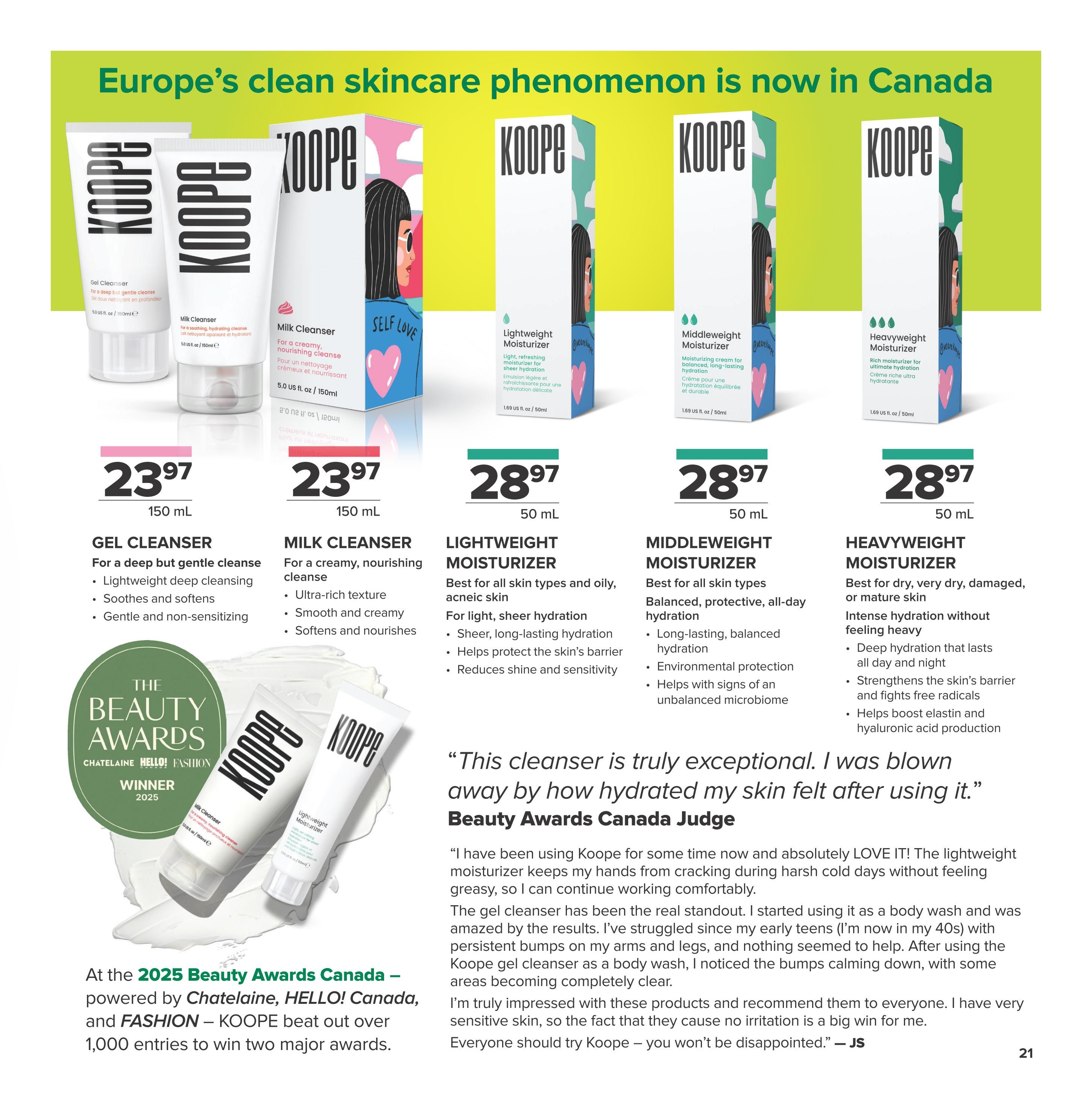 Nutter's Bulk & Natural Foods flyer, page 21. Features KOOPÉ skincare products. The Gel Cleanser (150 mL) is priced at $23.97 and is described as good for a deep but gentle cleanse, with lightweight deep cleansing, soothing, softening, and non-sensitizing properties. The Milk Cleanser (150 mL) is also $23.97 and is for a creamy, nourishing cleanse, featuring an ultra-rich texture, smooth and creamy feel, and softening and nourishing benefits. The Lightweight Moisturizer (50 mL) is $28.97, best for all skin types and oily, acne-prone skin, offering sheer, long-lasting hydration, helping protect the skin's barrier, and reducing shine and sensitivity. The Middleweight Moisturizer (50 mL) is $28.97, suitable for all skin types with balanced, protective, all-day hydration, long-lasting balanced hydration, environmental protection, and helps with signs of an unbalanced microbiome. The Heavyweight Moisturizer (50 mL) is $28.97, best for dry, very dry, damaged, or mature skin, providing intense hydration without feeling heavy, deep hydration that lasts all day and night, strengthening the skin's barrier, fighting free radicals, and helping boost elastin and hyaluronic acid production. The page highlights that KOOPÉ won two major awards at the 2025 Beauty Awards Canada, beating over 1,000 entries. Includes a testimonial praising the cleanser's exceptional results and the moisturizer's effectiveness without greasiness.