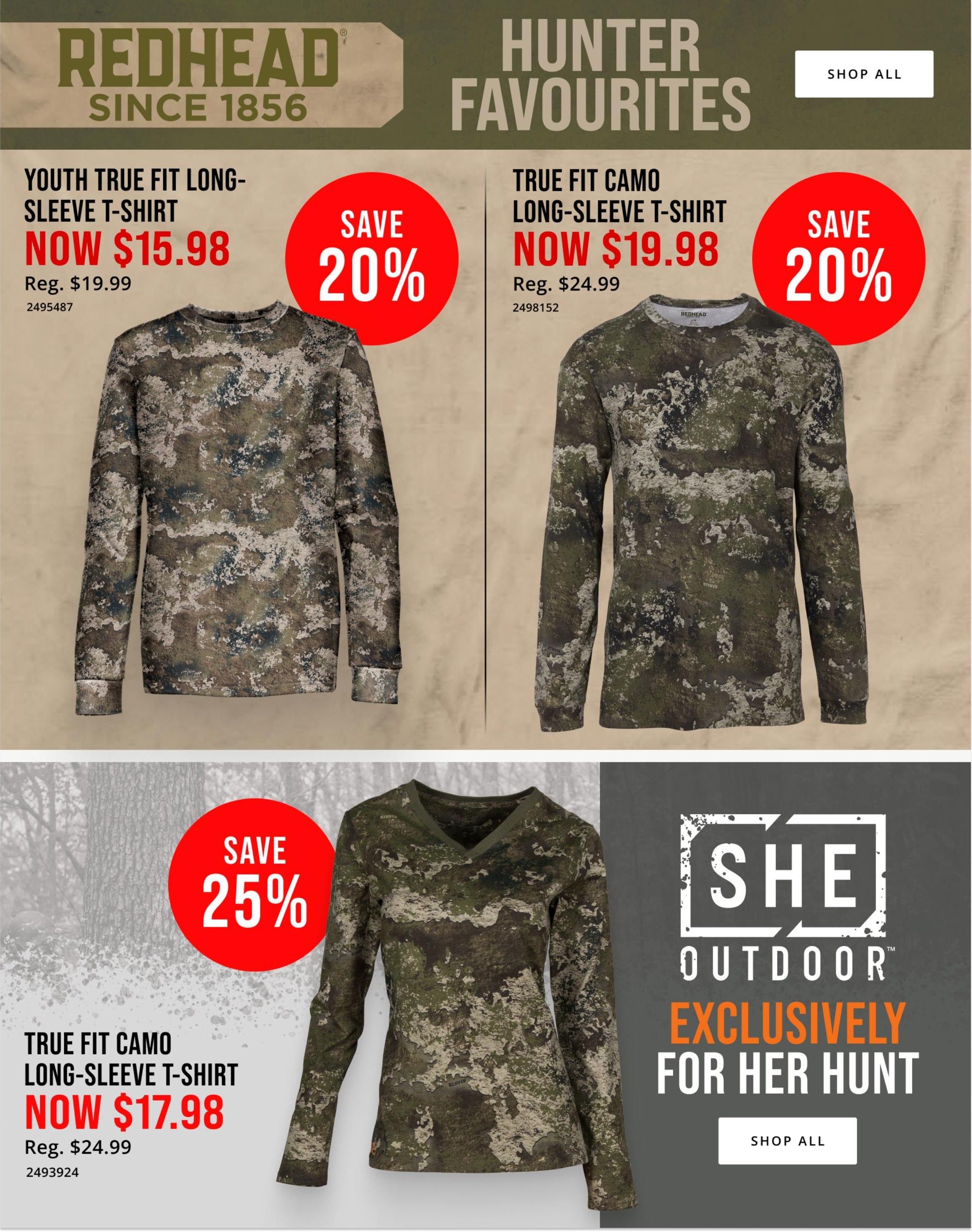 Bass Pro Shops flyer page 2 features Redhead Hunter Favourites including a Youth True Fit Long-Sleeve T-Shirt on sale now for $15.98, originally $19.99, with a 20% discount. Also featured is a True Fit Camo Long-Sleeve T-Shirt for $19.98, down from $24.99, also with a 20% discount. Below, a True Fit Camo Long-Sleeve T-Shirt for women is available for $17.98, reduced from $24.99, offering a 25% saving. The 'She Outdoor' collection is highlighted as exclusively for her hunt.