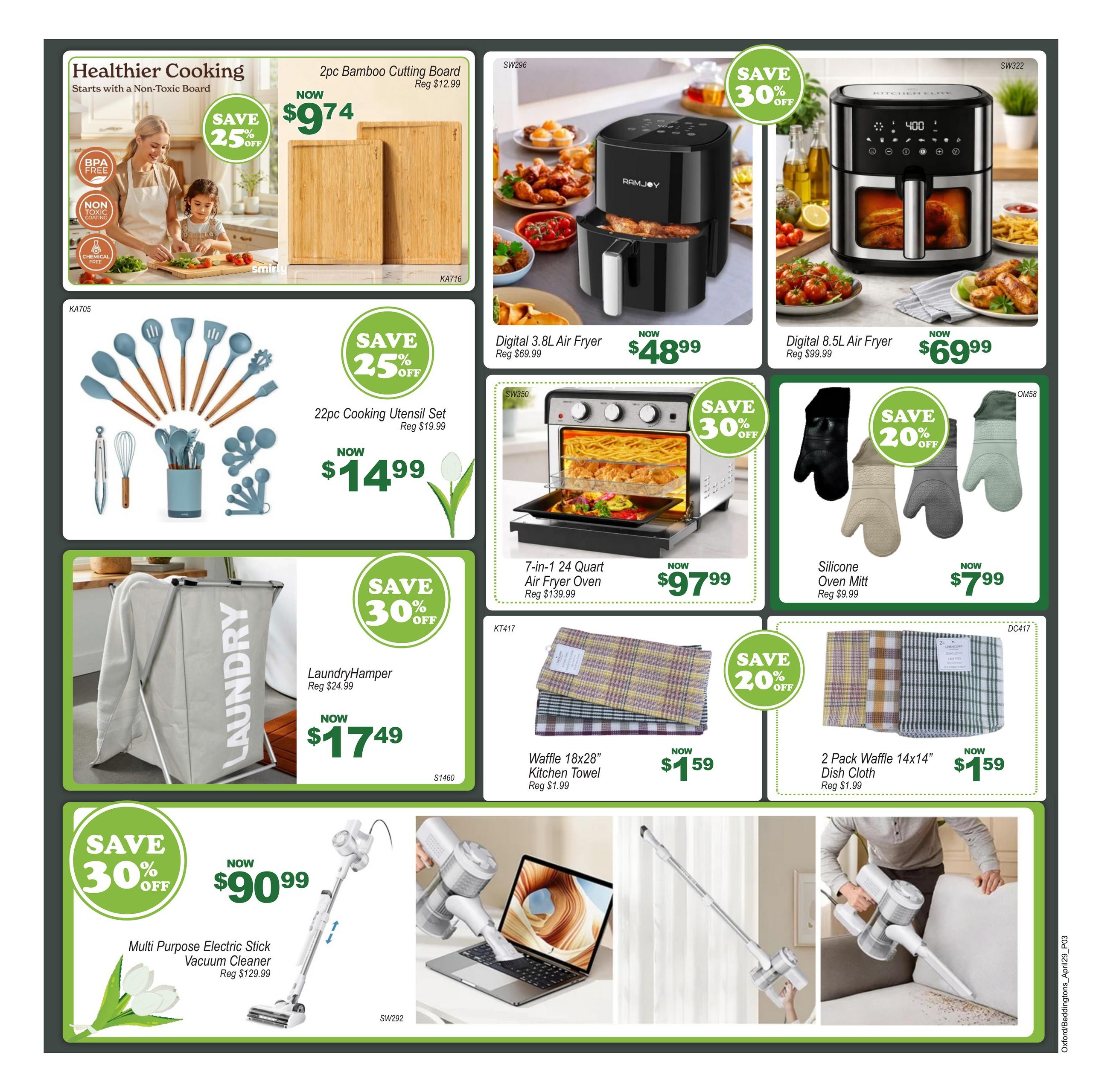 Beddington's Flyer Specials Page 3: Healthier Cooking section features a 2pc Bamboo Cutting Board, BPA-free and non-toxic, on sale for $9.74 (Save 25% off, Reg $12.99). Kitchenware includes a 22pc Cooking Utensil Set for $14.99 (Save 25% off, Reg $19.99). Small appliances include a Digital 3.8L Air Fryer for $48.99 (Reg $69.99), a Digital 8.5L Air Fryer for $69.99 (Reg $99.99), and a 7-in-1 24 Quart Air Fryer Oven for $97.99 (Reg $139.99). Other home goods include a Laundry Hamper for $17.49 (Save 30% off, Reg $24.99), a set of Silicone Oven Mitts for $7.99 (Save 20% off, Reg $9.99), a Waffle 18x28' Kitchen Towel for $1.59 (Reg $1.99), and a 2 Pack Waffle 14x14' Dish Cloth for $1.59 (Reg $1.99). A Multi Purpose Electric Stick Vacuum Cleaner is on sale for $90.99 (Save 30% off, Reg $129.99).