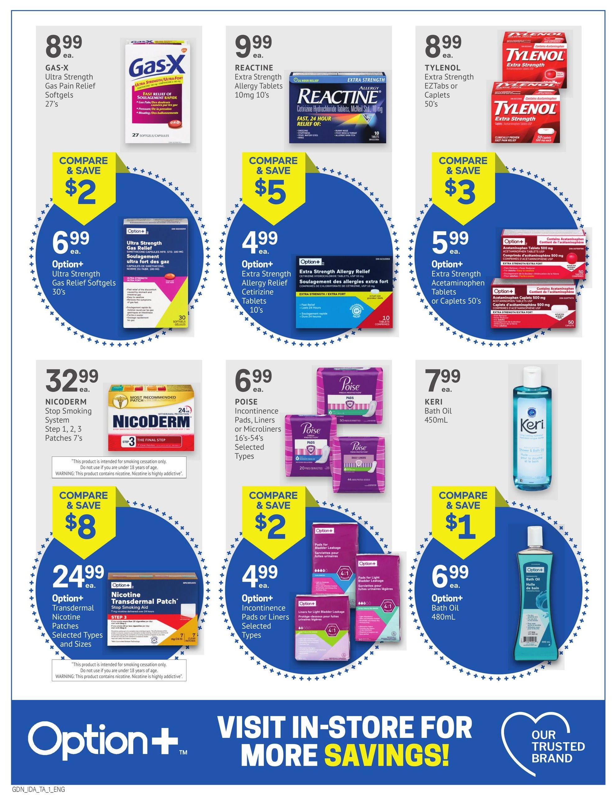 I.D.A. Pharmacy weekly flyer specials page 2. Featured products include GAS-X Ultra Strength Gas Pain Relief Softgels 27's for $8.99, with a Compare & Save $2 offer. Option+ Ultra Strength Gas Relief Softgels 30's are $6.99. REACTINE Extra Strength Allergy Tablets 10mg 10's are $9.99, with a Compare & Save $5 offer. Option+ Extra Strength Allergy Relief Cetirizine Tablets 10's are $4.99. TYLENOL Extra Strength EZTabs or Caplets 50's are $8.99, with a Compare & Save $3 offer. Option+ Extra Strength Acetaminophen Tablets or Caplets 50's are $5.99. NICODERM Stop Smoking System Step 1, 2, 3 Patches 7's are $32.99, with a Compare & Save $8 offer. POISE Incontinence Pads, Liners or Microliners 16's-54's Selected Types are $6.99, with a Compare & Save $2 offer. Option+ Nicotine Transdermal Patch 7 mg nicotine delivered over 24 hours, 7 patches, is $24.99. Option+ Incontinence Pads or Liners Selected Types are $4.99. KERI Bath Oil 450mL is $7.99, with a Compare & Save $1 offer. Option+ Bath Oil 480mL is $6.99. The bottom of the page features 'Visit In-Store For More Savings!' and 'Our Trusted Brand.