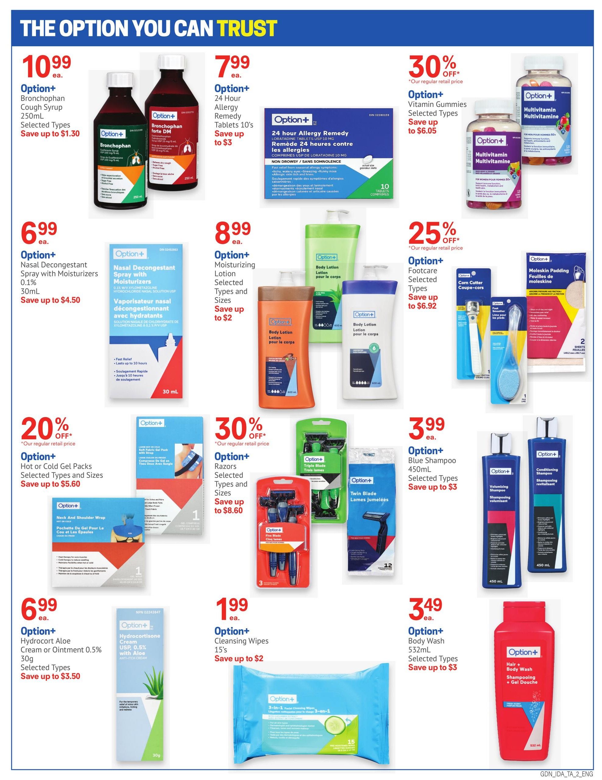 I.D.A. Pharmacy weekly flyer specials page 3 features a variety of Option+ brand health and personal care products. Top deals include Option+ Broncho-Phan Cough Syrup 250mL for $10.99, with savings up to $1.30. Option+ 24 Hour Allergy Remedy Tablets (10's) are $7.99, saving up to $3. Option+ Vitamin Gummies are 30% off, with savings up to $6.05. Option+ Multivitamin bottles are also featured. Other products include Option+ Nasal Decongestant Spray with Moisturizers 0.1% (30mL) for $6.99, saving up to $4.50. Option+ Moisturizing Lotion (Selected Types and Sizes) is $8.99, saving up to $2. Option+ Footcare Corn Cutter and Moleskin Padding are 25% off, with savings up to $6.92. Option+ Hot or Cold Gel Packs are 20% off, saving up to $5.60. Option+ Razors (Selected Types and Sizes) are 30% off, saving up to $8.60, including Triple Blade and Twin Blade options. Option+ Blue Shampoo (450mL) is $3.99, saving up to $3. Option+ Hydrocort Aloe Cream or Ointment 0.5% (30g) is $6.99, saving up to $3.50. Option+ Cleansing Wipes (15's) are $1.99, saving up to $2. Finally, Option+ Body Wash (532mL) is $3.49, saving up to $3.