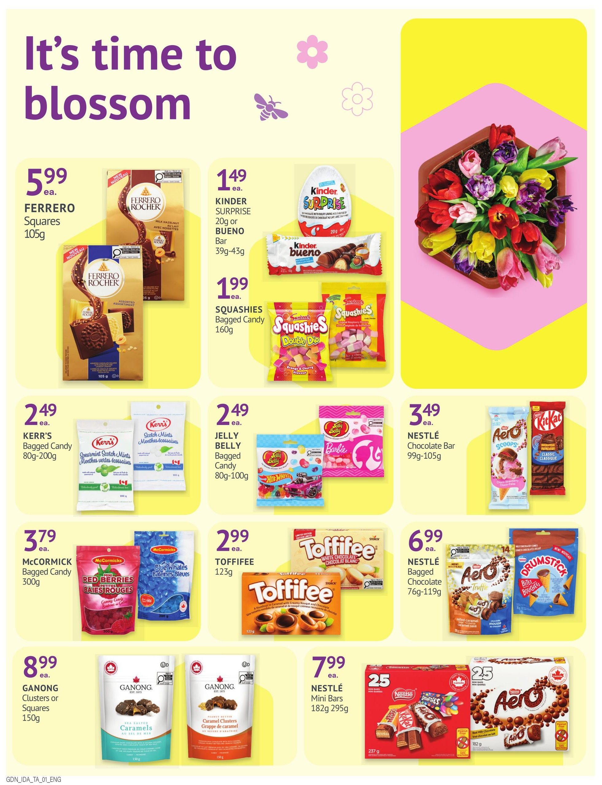 I.D.A. Pharmacy weekly flyer specials page 5 features a variety of chocolate and candy products. Featured items include Ferrero Squares for $5.99, Kinder Surprise or Bueno Bars for $1.49, and Squishies Bagged Candy for $1.99. Also available are Kerr's Bagged Candy for $2.49, Jelly Belly Bagged Candy for $2.49, and Nestlé Chocolate Bars for $3.49. Other deals include McCormick Bagged Candy for $3.79, Toffifee for $2.99, and Nestlé Bagged Chocolate for $6.99. Ganong Clusters or Squares are $8.99, and Nestlé Mini Bars are $7.99. The page also displays a bouquet of tulips.