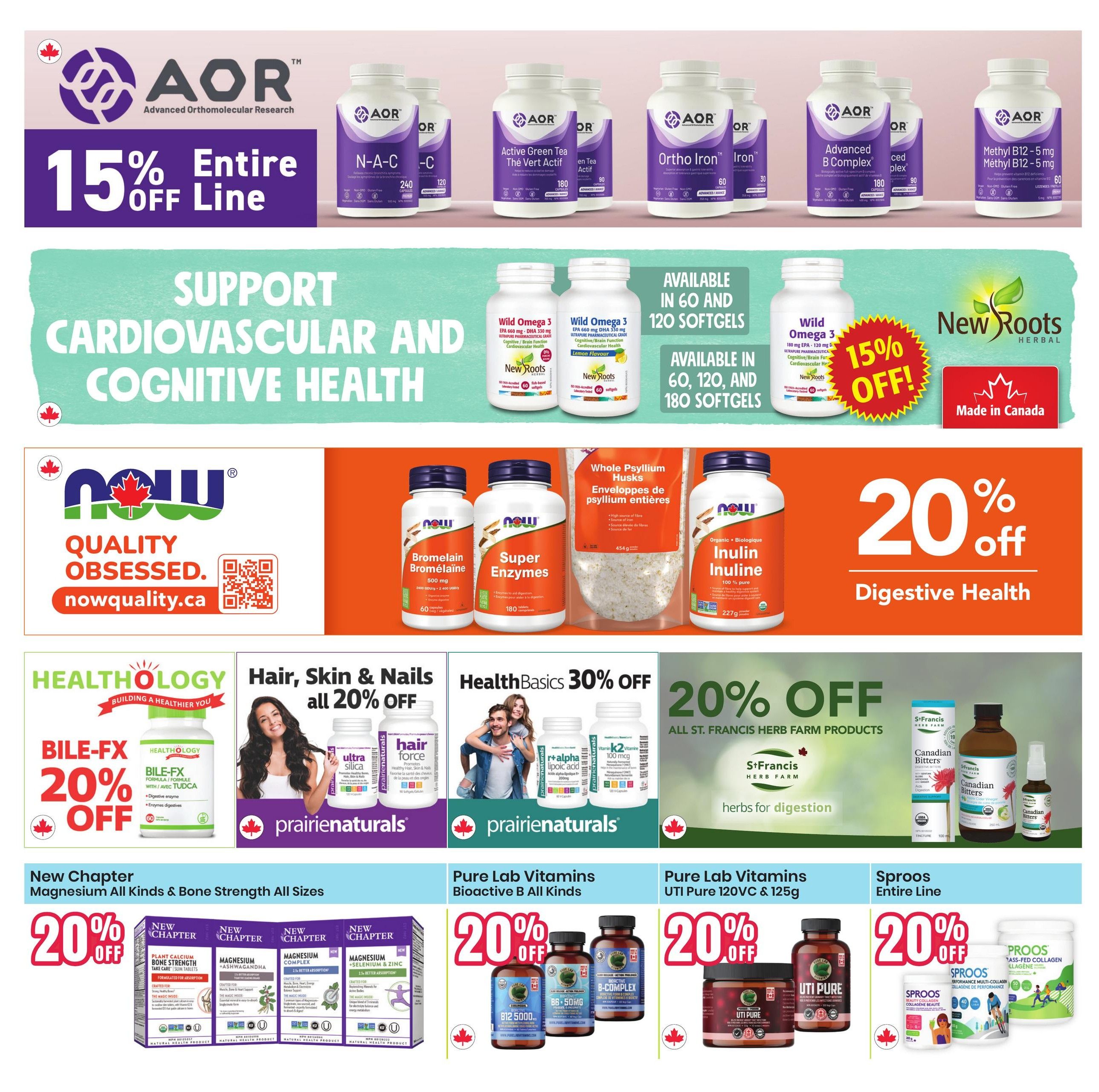 Healthy Planet flyer page 14 features a 15% off sale on the entire AOR Advanced Orthomolecular Research line, including N-A-C, Active Green Tea, Ortho Iron, Advanced B Complex, and Methyl B12. Support cardiovascular and cognitive health with New Roots Herbal Wild Omega 3, available in 60, 120, and 180 softgels, with a 15% off offer. NOW Foods offers 20% off digestive health products, featuring Bromelain, Super Enzymes, Whole Psyllium Husks, and Organic Inulin. Healthology Bile-FX is 20% off. Prairie Naturals Hair, Skin & Nails products are 20% off, including Ultra Silica and Hair Force. Health Basics offers 30% off Lipoic Acid and Vitamin K2. St. Francis Herb Farm Products are 20% off, featuring Canadian Bitters for digestion. New Chapter Magnesium products, including Plant Calcium Bone Strength, Magnesium + Ashwagandha, and Magnesium + Selenium & Zinc, are 20% off. Pure Lab Vitamins Bioactive B All Kinds and UTI Pure 120VC & 125g are 20% off. Sproos Entire Line, including Performance Multi-Collagen, is 20% off.