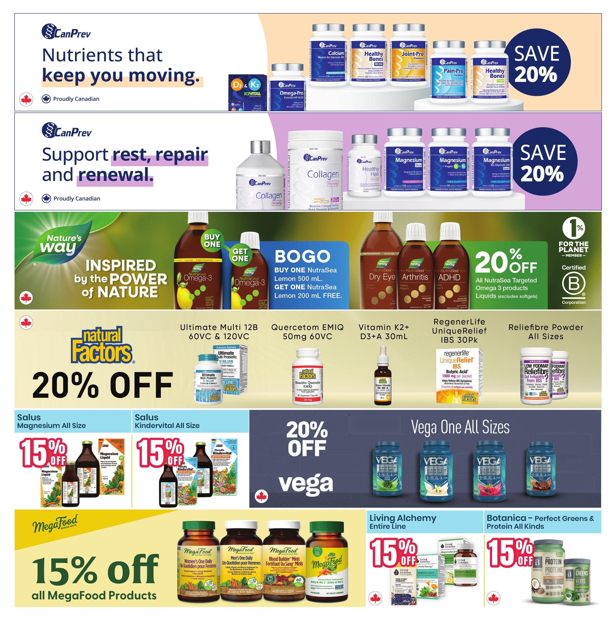 Healthy Planet flyer page 16 features CanPrev products with a 'Save 20%' offer on nutrients for movement and for rest, repair, and renewal, including CanPrev Calcium, Healthy Bones, Joint-Pro Formula, Pain-Pro Formula, and Magnesium products. Nature's Way offers a Buy One Get One offer on NutraSea Omega-3 Lemon 500 mL and NutraSea Lemon 200 mL free. Also featured are Nature's Way NutraSea Dry Eye, Arthritis, and ADHD targeted Omega-3 liquids, with a 20% off sale on all NutraSea Targeted Omega-3 products (excluding softgels). Natural Factors Ultimate Multi 12B 60VC & 120VC, Quercetom EMIQ 50mg 60VC, and Vitamin K2+ D3+A 30mL are available with a 20% off discount. RegenerLife UniqueRelief IBS 30PK and Relieflbre Powder All Sizes are also shown. Salus Magnesium All Size and Salus Kindervital All Size products are on sale for 15% off. Vega One All Sizes are featured with a 20% off sale. MegaFood offers 15% off all MegaFood products, including Women's One Daily, Men's One Daily, Blood Builder Minis, and Baby & Me 2. Living Alchemy Entire Line and Botanica - Perfect Greens & Protein All Kinds are also on sale for 15% off.