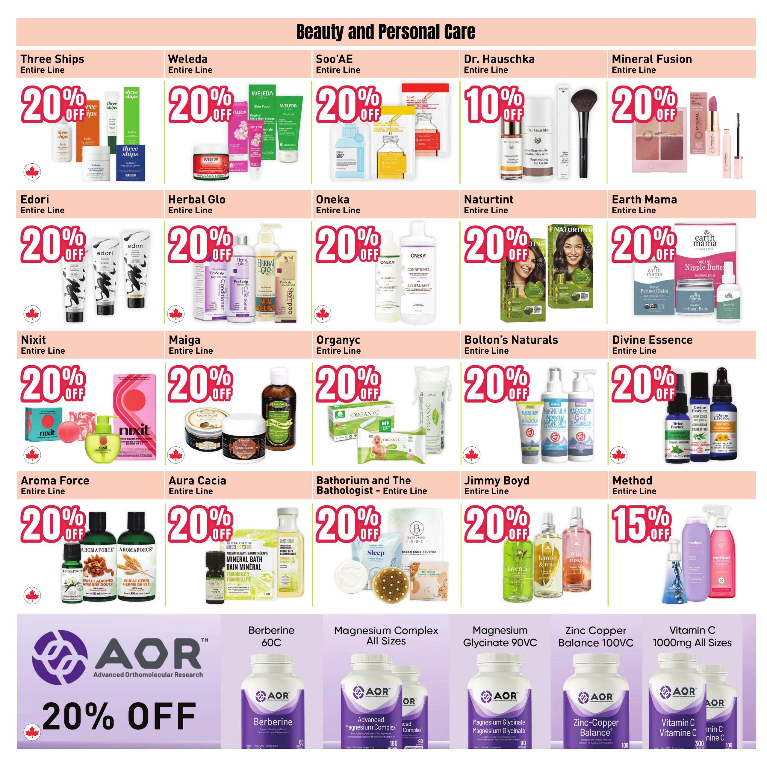 Healthy Planet flyer page 18 features a Beauty and Personal Care section with various brands offering 20% off their entire lines. Brands include Three Ships, Weleda, Soo'AE, Dr. Hauschka (10% off), Mineral Fusion, Edori, Herbal Glo, Oneka, Naturtint, Earth Mama, Nixit, Maiga, Organyc, Bolton's Naturals, Divine Essence, Aroma Force, Aura Cacia, Bathorium and The Bathologist, and Jimmy Boyd. Method products are 15% off. Additionally, AOR supplements are featured with 20% off, including Berberine 60C, Magnesium Complex All Sizes, Magnesium Glycinate 90VC, Zinc Copper Balance 100VC, and Vitamin C 1000mg All Sizes.