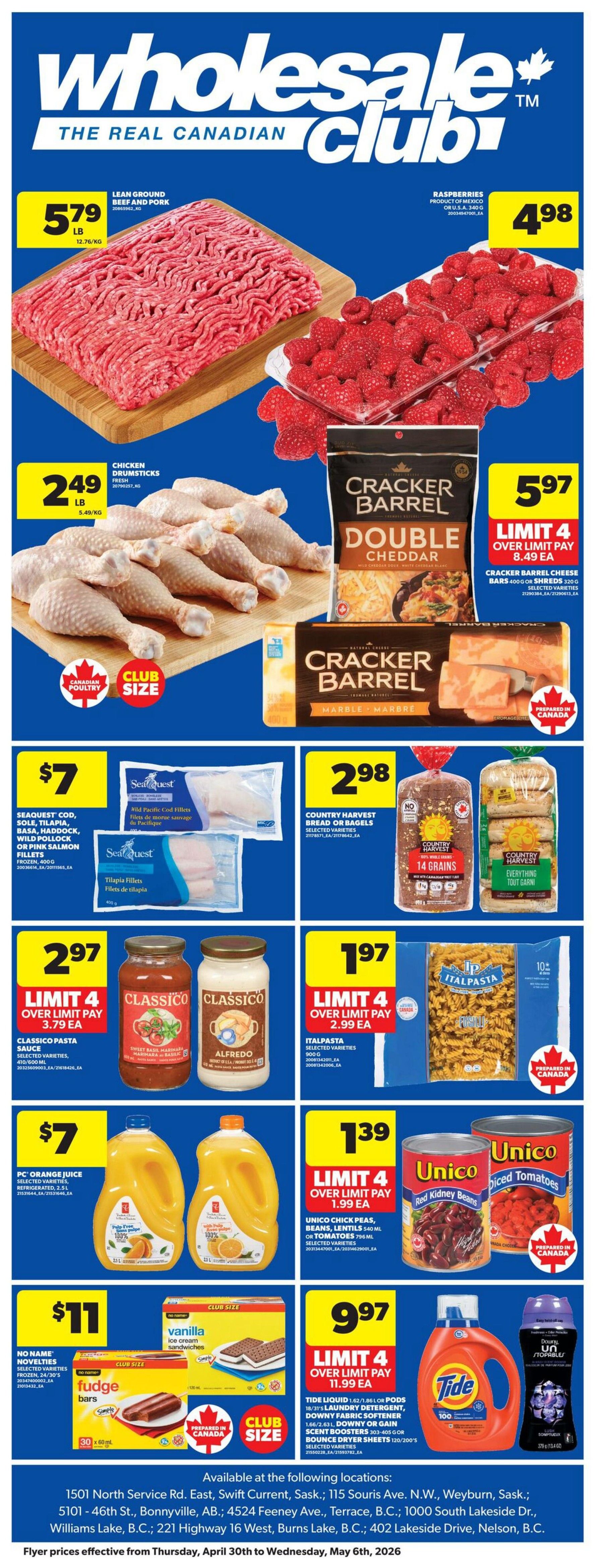 Wholesale Club flyer specials for May. Featuring Marcangelo Chicken or Pork Souvlaki, 2 pack, 120g. Also available are Takis Rolled Tortilla Chips in selected varieties, 260g. Kraft Miracle Whip in selected varieties, 650/890 ml, is also on sale. Additionally, find Head Men's or Women's Socks, 3 pack. The flyer highlights 'Lowest Prices, Best Deals' valid from May 1-31, 2026.