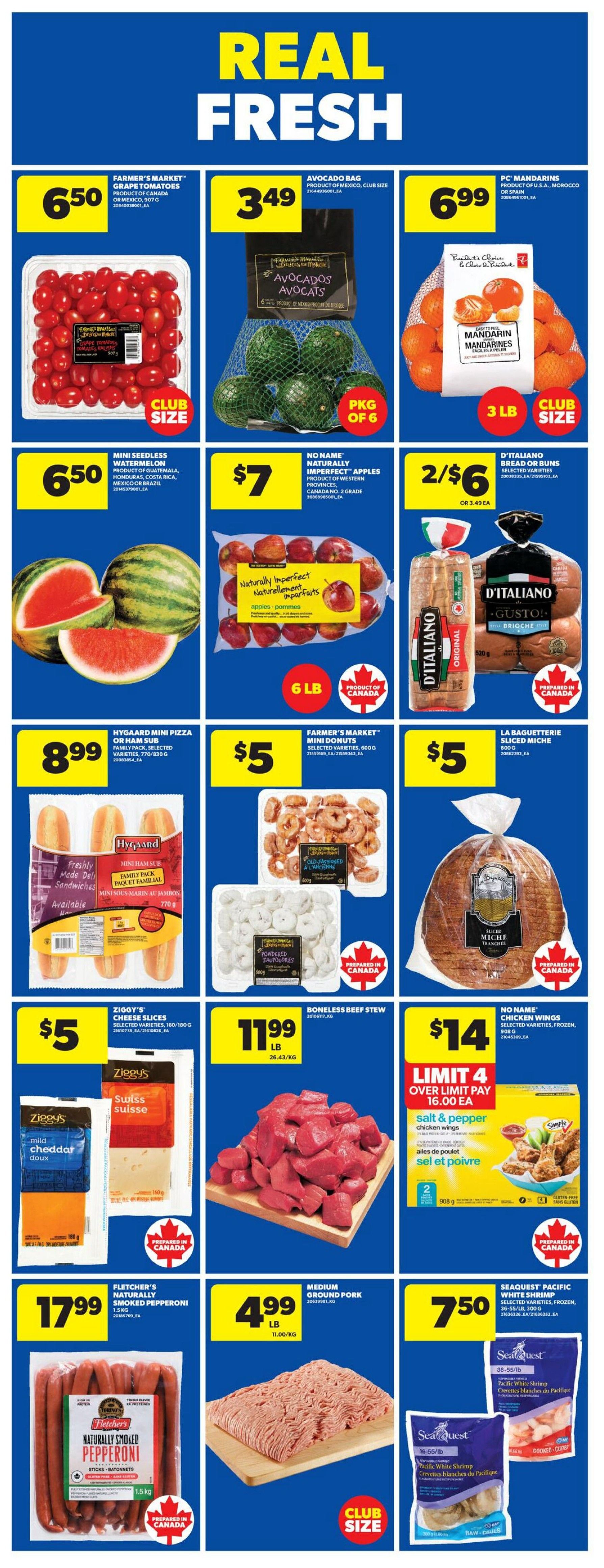 Wholesale Club weekly flyer specials page 3 features 'Real Fresh' produce and grocery deals. Highlights include Farmer's Market Grape Tomatoes for $6.50, an Avocado Bag for $3.49, and PC Mandarins for $6.99. Also featured are Mini Seedless Watermelons for $6.50, No Name Naturally Imperfect Apples for $7 (6 lb bag), and D'Italiano Bread or Buns for 2 for $6. Hygaard Mini Pizza or Ham Subs are $8.99. Farmer's Market Mini Donuts are $5, and La Baguetterie Sliced Miche is also $5. Ziggy's Cheese Slices are $5. Boneless Beef Stew is $11.99 per lb. No Name Chicken Wings are $14 with a limit of 4, over limit pay $16.00 each, available in salt & pepper flavour. Fletcher's Naturally Smoked Pepperoni sticks are $17.99 for 1.5 kg. Medium Ground Pork is $4.99 per lb. Seaquest Pacific White Shrimp is $7.50 for 36-55/lb cooked or 55-15/lb cooked shrimp.