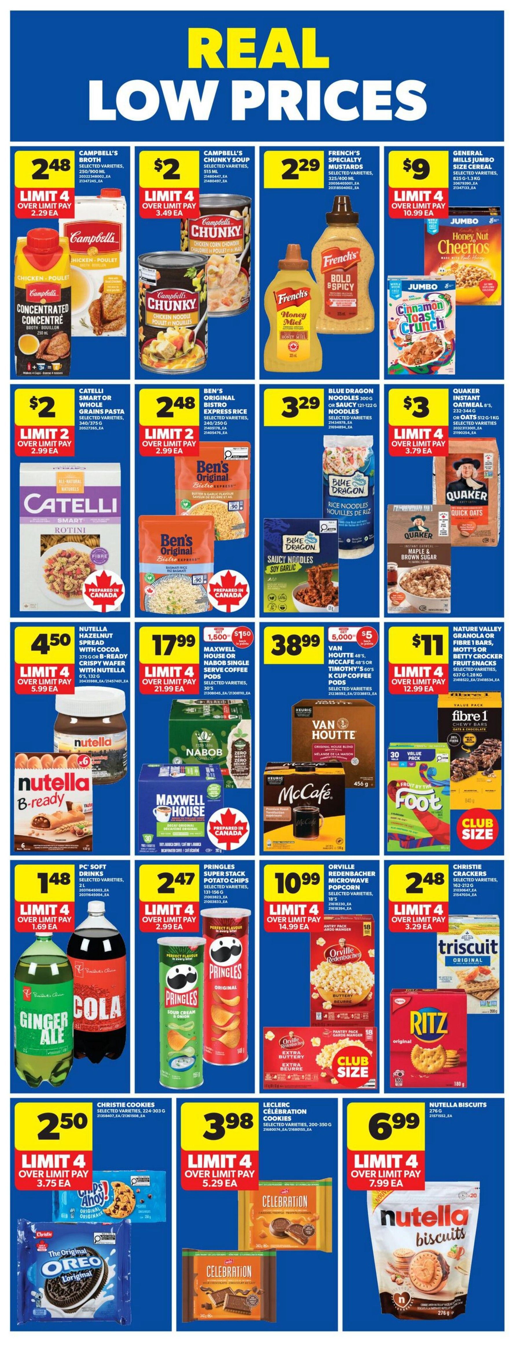 Wholesale Club weekly flyer specials page 4. Featured products include Campbell's Broth for $2.48, Campbell's Chunky Soup for $2, French's Specialty Mustards for $2.29, and General Mills Jumbo Size Cereal for $9. Also on sale are Catelli Smart or Whole Grains Pasta for $2, Ben's Original Bistro Express Rice for $2.48, Blue Dragon Saucy Noodles for $3.29, and Quaker Quick Oats for $3. Nutella Hazelnut Spread with Cocoa or B-Ready Crispy Wafer is $4.50. Maxwell House or Nabob Single Serve Coffee Pods are $17.99, with a $1.50 discount. Van Houtte or McCafe Coffee K-Cups are $38.99, with a $5 discount. Nature Valley Granola or Fibre Bars, Mott's or Betty Crocker Fruit Snacks are $11. PC Soft Drinks like Ginger Ale and Cola are $1.48. Pringles Super Stack Potato Chips are $2.47. Orville Redenbacher Microwave Popcorn is $10.99. Christie Cookies are $2.50. Leclerc Celebration Cookies are $3.98. Nutella Biscuits are $6.99.