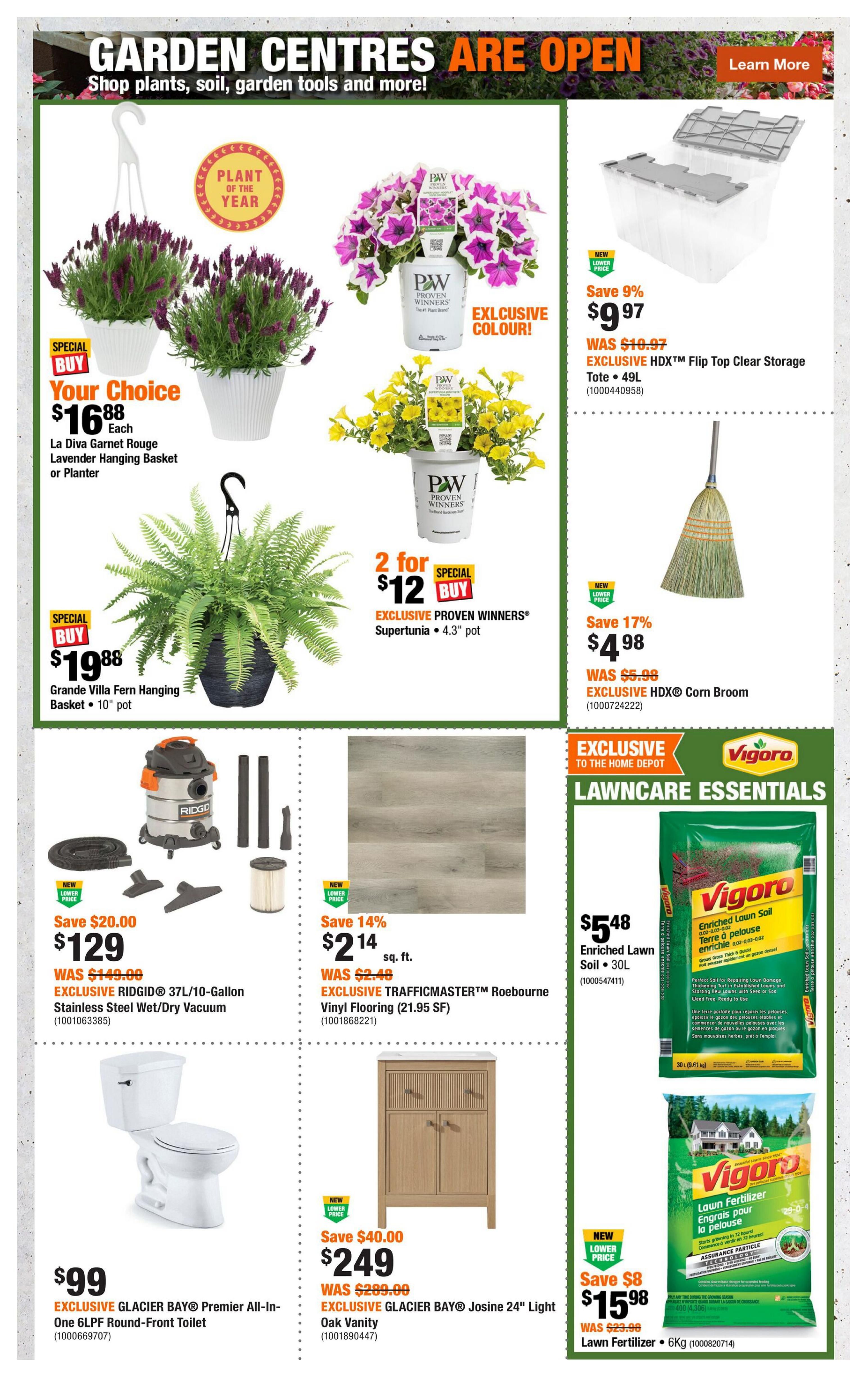 Home Depot Atlantic Canada flyer page 2 features garden centres open with 'Plant of the Year' La Diva Garnet Rouge Lavender Hanging Basket or Planter for $16.88 each. Also available are EXCLUSIVE PROVEN WINNERS Supertunia in exclusive colours, 2 for $12, in 4.3' pots. Grande Villa Fern Hanging Basket is $19.88. On the right, EXCLUSIVE HDXTM Flip Top Clear Storage Tote 49L is on sale for $9.97 (save 9%, was $10.97). An EXCLUSIVE HDX® Corn Broom is $4.98 (save 17%, was $5.98). Below, save $20.00 on the EXCLUSIVE RIDGID® 37L/10-Gallon Stainless Steel Wet/Dry Vacuum for $129. EXCLUSIVE TRAFFICMASTER™ Roebourne Vinyl Flooring (21.95 SF) is $2.14 sq. ft. (save 14%, was $2.49). An EXCLUSIVE GLACIER BAY® Premier All-in-One 6LPF Round-Front Toilet is $99. An EXCLUSIVE GLACIER BAY® Josine 24' Light Oak Vanity is $249 (save $40.00, was $289.00). Lawncare essentials include Vigoro Enriched Lawn Soil 30L for $5.48 and Vigoro Lawn Fertilizer 6KG for $15.98 (save $8, was $23.98).