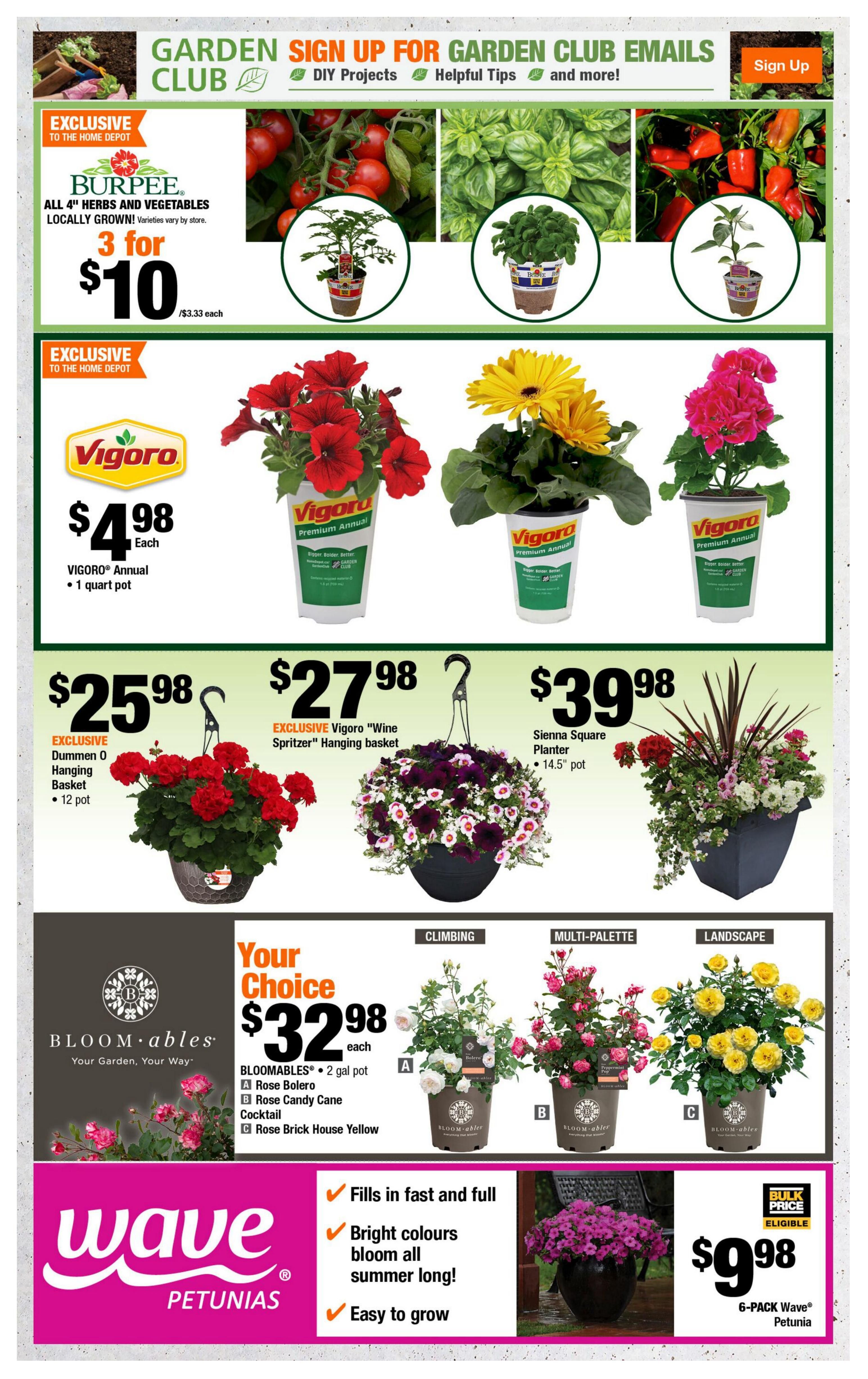 Home Depot Atlantic Canada flyer page 3 features garden specials. Sign up for Garden Club emails for DIY projects and helpful tips. Exclusive Burpee 4-inch herbs and vegetables are 3 for $10. Vigoro Premium Annuals are $4.98 each, including 1-quart pots. Featured hanging baskets include the Dummen O Hanging Basket for $25.98 and the Vigoro 'Wine Spritzer' Hanging Basket for $27.98. The Sienna Square Planter is $39.98. Your choice of BLOOMables 2-gallon pots are $32.98 each, with varieties like Rose Bolero, Rose Candy Cane Cocktail, and Rose Brick House Yellow. Also available are Wave Petunias in a 6-pack for $9.98, noted for filling in fast, bright colours, and being easy to grow.