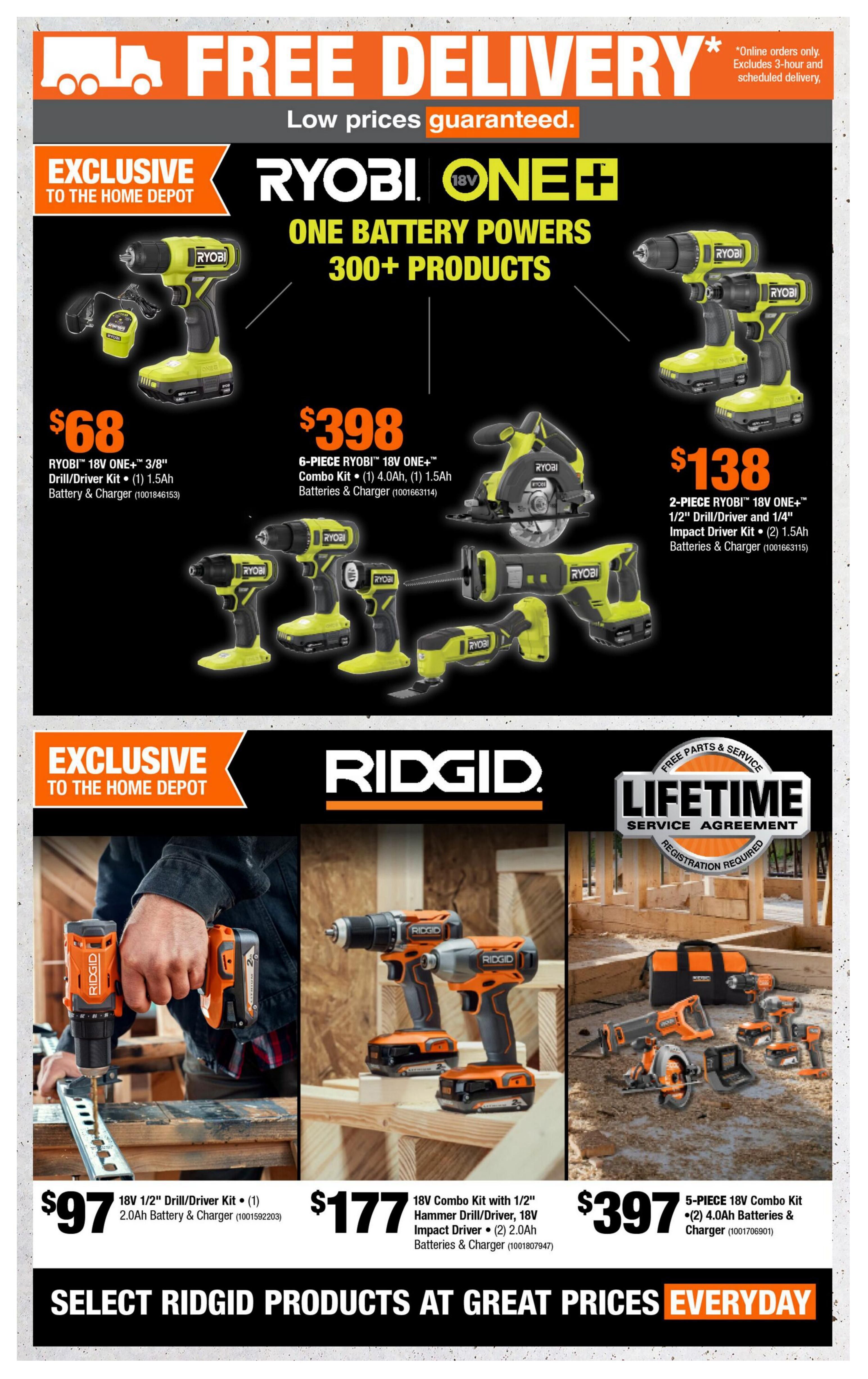 Home Depot Atlantic Canada flyer page 7 featuring Ryobi and Ridgid power tools. The top section highlights Ryobi 18V ONE+ products with free delivery and low prices guaranteed. Featured Ryobi items include a $68 Ryobi 18V ONE+ 3/8' Drill/Driver Kit with one 1.5Ah battery and charger, a $398 6-Piece Ryobi 18V ONE+ Combo Kit with two 4.0Ah and two 1.5Ah batteries and charger, and a $138 2-Piece Ryobi 18V ONE+ 1/2' Drill/Driver and 1/4' Impact Driver Kit with two 1.5Ah batteries and charger. The bottom section showcases Ridgid products with a Lifetime Service Agreement. Featured Ridgid items include a $97 18V 1/2' Drill/Driver Kit with one 2.0Ah battery and charger, a $177 18V Combo Kit with a 1/2' Hammer Drill/Driver and 18V Impact Driver, both with two 2.0Ah batteries and charger, and a $397 5-Piece 18V Combo Kit with two 4.0Ah batteries and charger. The page also promotes selecting Ridgid products at great prices everyday.
