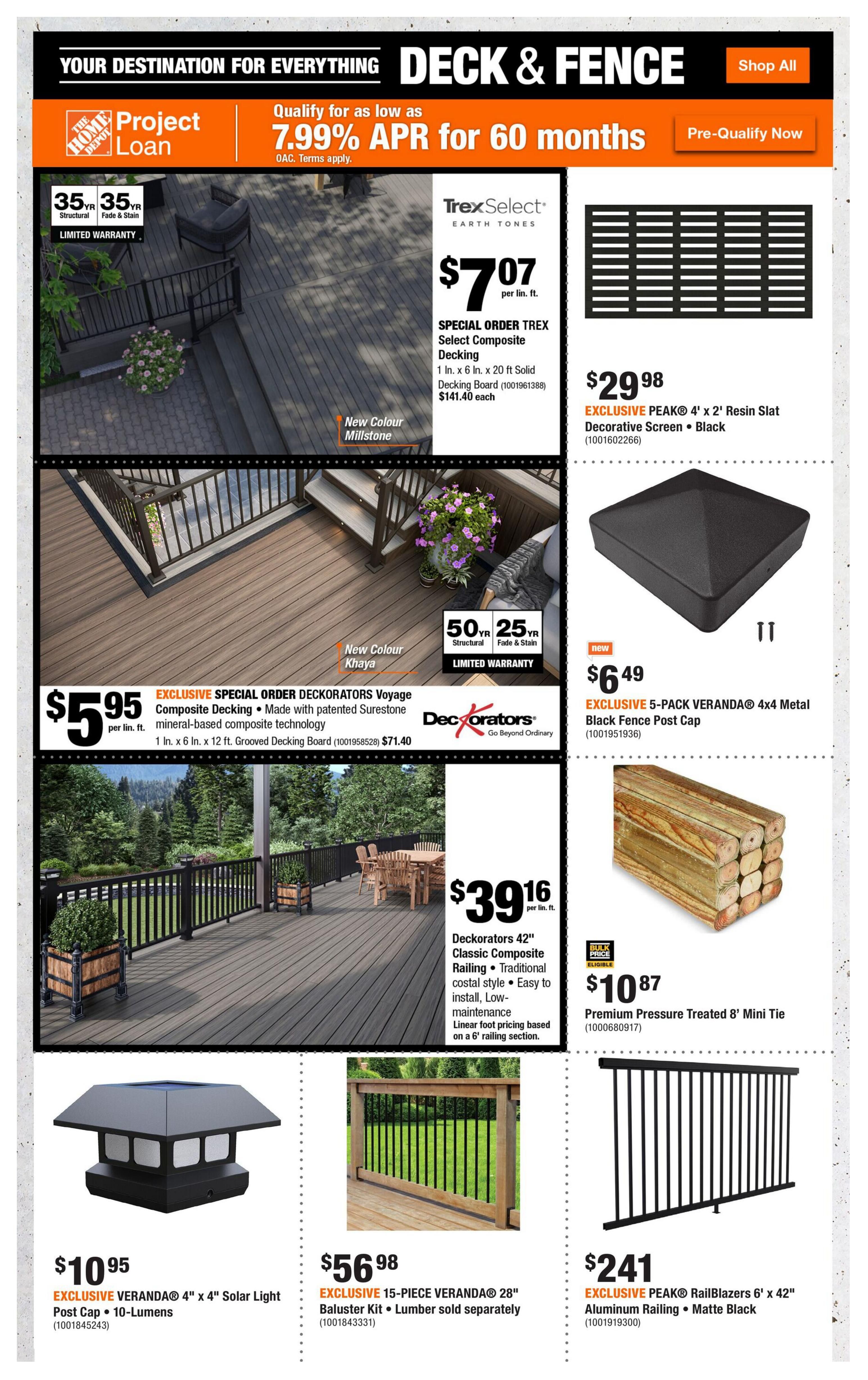 Home Depot flyer page 8 featuring deck and fence specials. Top section highlights Trex Select Composite Decking in Millstone colour for $7.07 per linear foot, with a 1 in. x 6 in. x 20 ft. solid decking board priced at $141.40 each. Also featured is a PEAK 4' x 2' Resin Slat Decorative Screen in Black for $29.98. Below, Decorators Voyage Composite Decking in Khaya colour is on sale for $5.95 per linear foot, made with patented Surestone mineral-based composite technology. Decorators 42' Classic Composite Railing is priced at $39.16 per linear foot, offering a traditional coastal style that is easy to install and low-maintenance. A 5-PACK VERANDA® 4x4 Metal Black Fence Post Cap is available for $6.49. Premium Pressure Treated 8' Mini Ties are $10.87. The bottom row shows an EXCLUSIVE VERANDA® 4' x 4' Solar Light Post Cap with 10-Lumens for $10.95, an EXCLUSIVE 15-PIECE VERANDA® 28' Baluster Kit for $56.98 (lumber sold separately), and EXCLUSIVE PEAK® RailBlazers 6' x 42' Aluminum Railing in Matte Black for $241.