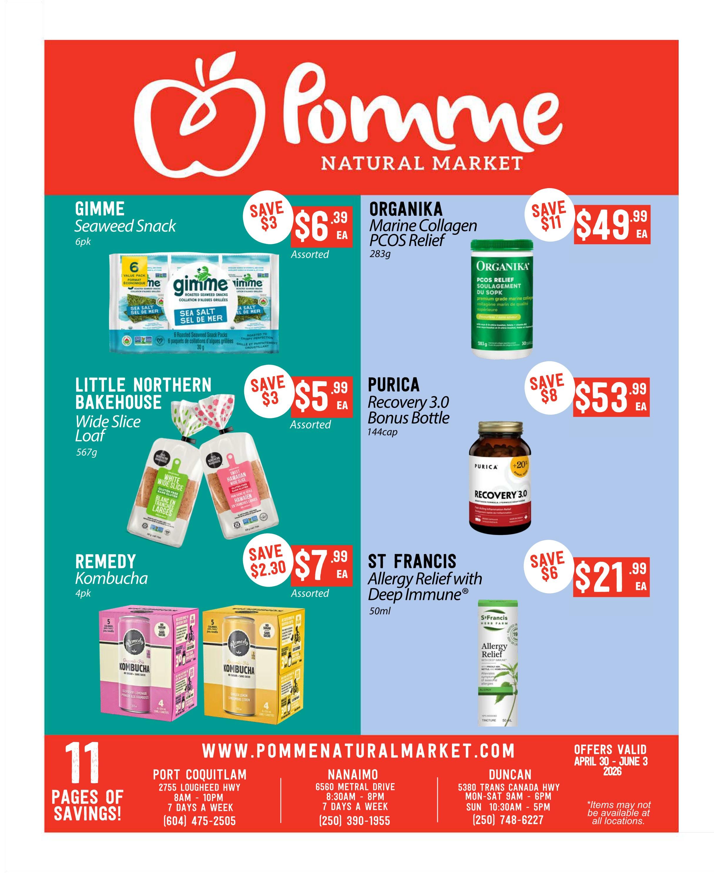 Pomme Natural Market flyer page 1 featuring Gimme Seaweed Snack 6pk for $6.39, Organika Marine Collagen PCOS Relief 283g for $49.99, Little Northern Bakehouse Wide Slice Loaf 567g for $5.99, Purica Recovery 3.0 Bonus Bottle 144cap for $53.99, Remedy Kombucha 4pk for $7.99, and St Francis Allergy Relief with Deep Immune 50ml for $21.99. The flyer is valid from April 30 to June 3, 2026.
