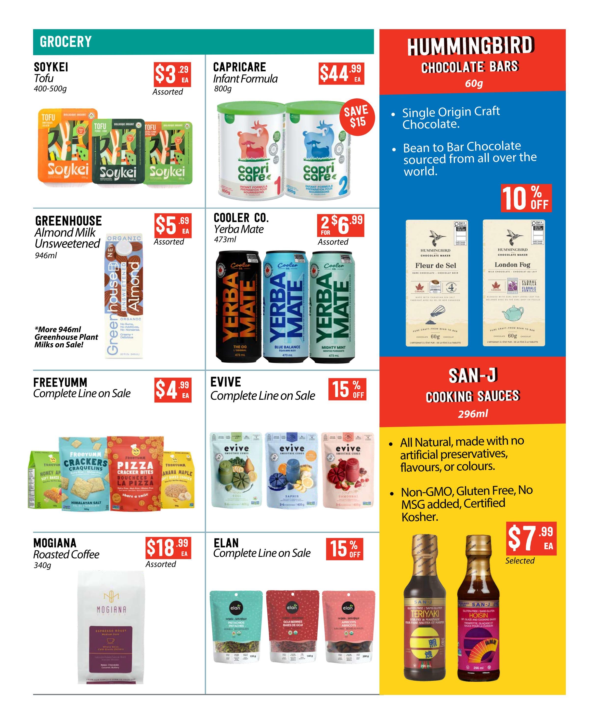 Page 5 of the Pomme Natural Market flyer featuring grocery specials. Highlights include Soykei Tofu for $3.29, Capricare Infant Formula 800g for $44.99 with a $15 saving, and Greenhouse Almond Milk Unsweetened 946ml for $5.69. Cooler Co. Yerba Mate 473ml is on sale 2 for $6.99. Freeyumm Complete Line is on sale, and Evive Complete Line is 15% off. Mogiana Roasted Coffee 340g is $18.99. Elan Complete Line is also 15% off, featuring pistachios, goji berries, and apricots. Hummingbird Chocolate Bars 60g are available with 10% off, featuring single origin craft chocolate. San-J Cooking Sauces 296ml are selected for $7.99, with options like Teriyaki and Hoisin, noted as all-natural, non-GMO, gluten-free, and kosher.