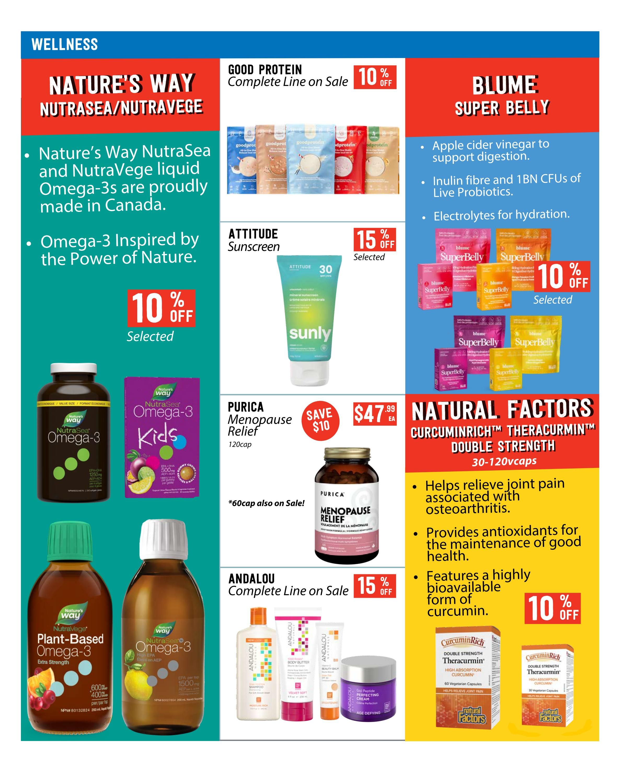 Pomme Natural Market Wellness flyer page 9 featuring Nature's Way NutraSea/NutraVege Omega-3s, made in Canada. Offers include Nature's Way NutraSea liquid Omega-3s, Nature's Way NutraVege Plant-Based Omega-3 Extra Strength (600mg EPA + 400mg DHA per tbsp), and Nature's Way NutraSea Omega-3 Kids Gummy Chews (500mg EPA + DHA). Also on sale is Good Protein Complete Line with 10% off. Attitude Sunscreen is 15% off. Blume Super Belly products are 10% off, featuring apple cider vinegar, inulin fibre, and live probiotics. Purica Menopause Relief (120cap) is on sale for $47.99, save $10, with 60cap also on sale. Andalou Complete Line is 15% off, featuring Andalou Naturals Shampoo, Body Butter, and Age Defying Perfecting Cream. Natural Factors CurcuminRich Theracurmin Double Strength (30-120vcaps) is 10% off, helping relieve joint pain and providing antioxidants.