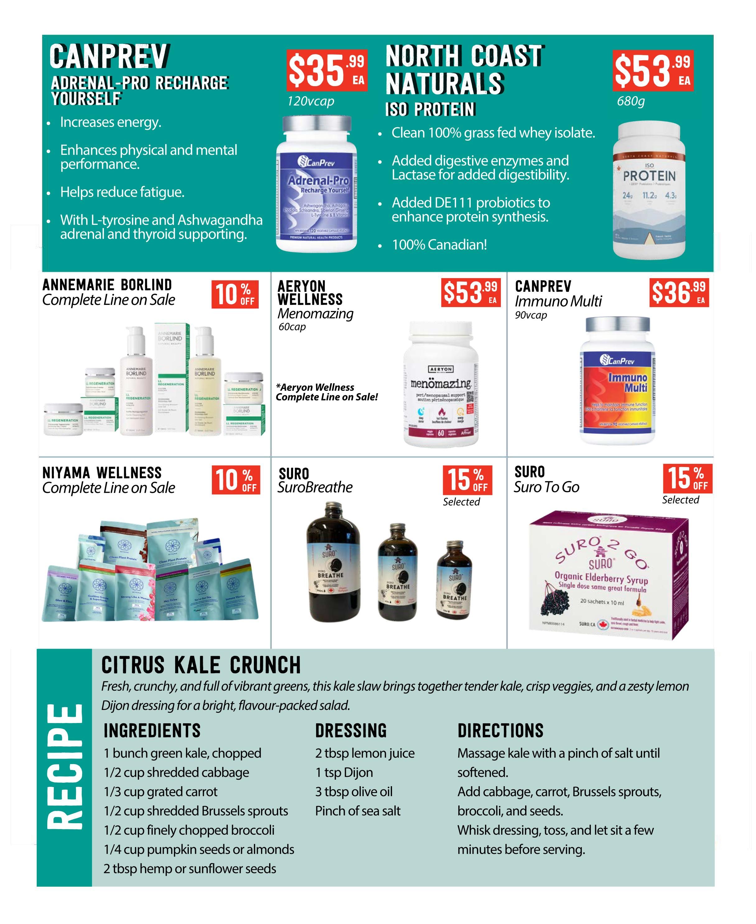 Pomme Natural Market flyer specials page 11 features CanPrev Adrenal-Pro Recharge Yourself for $35.99, North Coast Naturals ISO Protein for $53.99, Annemarie Borlind Complete Line on Sale with 10% off, Aeryon Wellness Menomazing 60cap for $53.99, CanPrev Immuno Multi 90cap for $36.99, Niyama Wellness Complete Line on Sale with 10% off, Suro SuroBreathe, and Suro To Go Organic Elderberry Syrup 15% off selected. The page also includes a recipe for Citrus Kale Crunch with ingredients, dressing, and directions.
