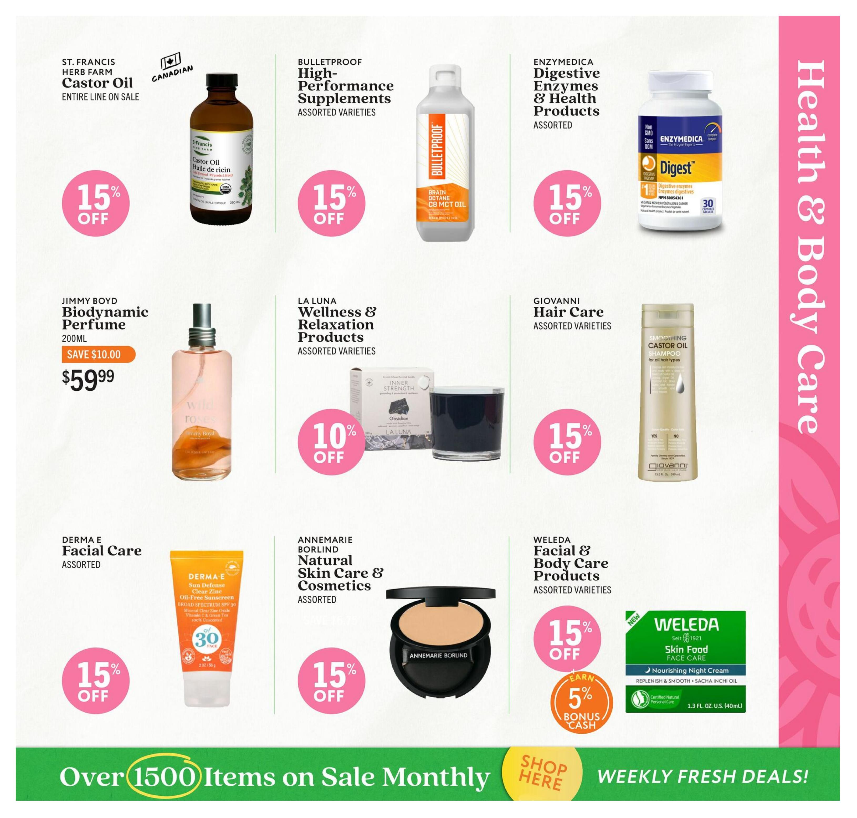 Community Natural Foods flyer page 4 features Health & Body Care products. Save 15% on St. Francis Herb Farm Castor Oil, entire line on sale. Bulletproof High-Performance Supplements are 15% off. Enzymedica Digestive Enzymes & Health Products are 15% off. Jimmy Boyd Biodynamic Perfume (200ml) is on sale for $59.99, save $10.00. La Luna Wellness & Relaxation Products are 10% off. Giovanni Hair Care products are 15% off. Derma E Facial Care products, including Sun Defense Clear Zinc SPF 30, are 15% off. Annemarie Borlind Natural Skin Care & Cosmetics are 15% off. Weleda Facial & Body Care Products are 15% off, with 5% bonus cash on the Weleda Skin Food Nourishing Night Cream (40ml). The flyer highlights 'Over 1500 Items on Sale Monthly' and 'Weekly Fresh Deals!