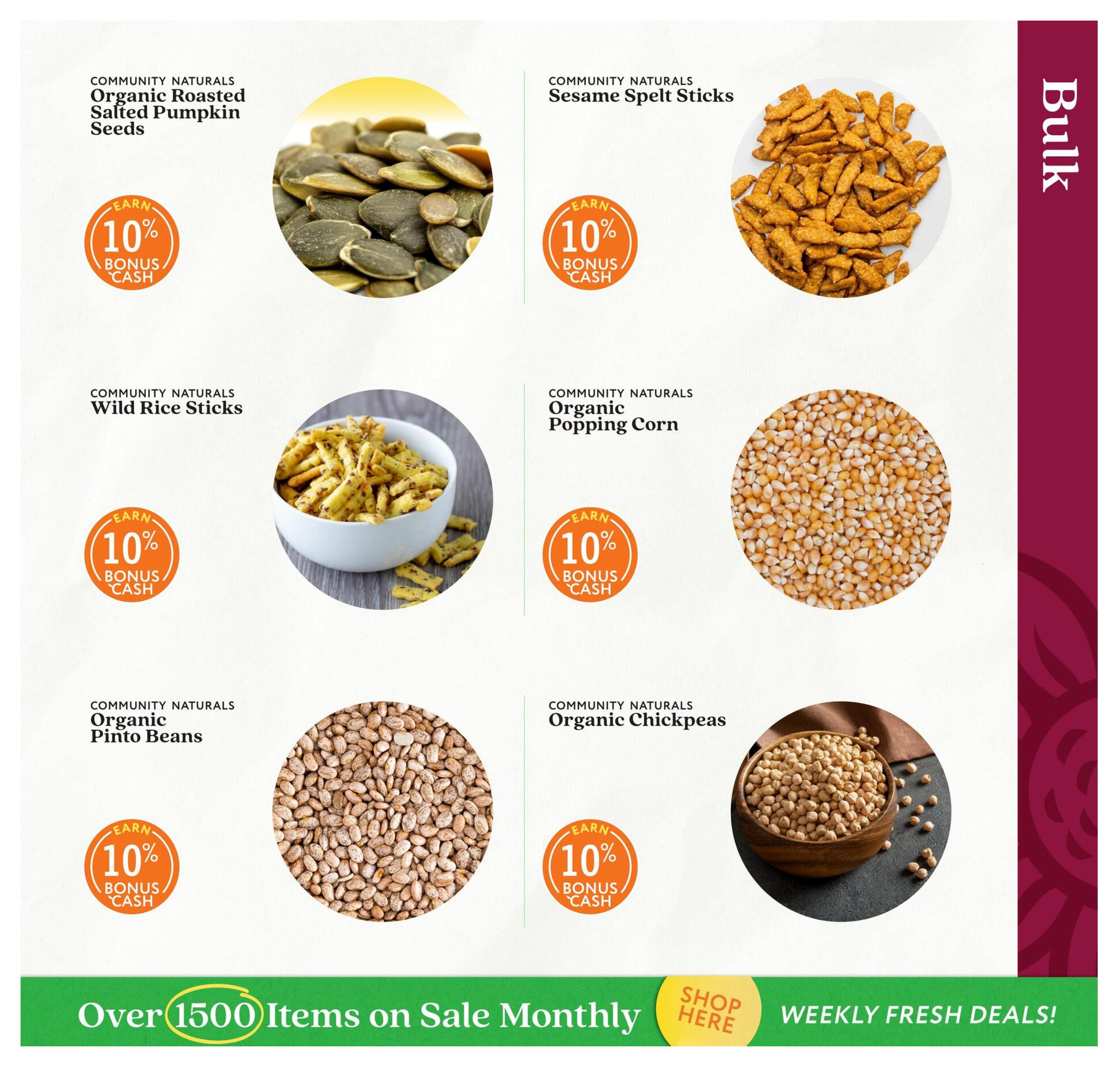 Community Natural Foods flyer specials page 6 features bulk items. Offers include Community Naturals Organic Roasted Salted Pumpkin Seeds with 10% bonus cash, Community Naturals Sesame Spelt Sticks with 10% bonus cash, Community Naturals Wild Rice Sticks with 10% bonus cash, Community Naturals Organic Popping Corn with 10% bonus cash, Community Naturals Organic Pinto Beans with 10% bonus cash, and Community Naturals Organic Chickpeas with 10% bonus cash. The bottom of the page highlights 'Over 1500 Items on Sale Monthly' and 'Weekly Fresh Deals!'