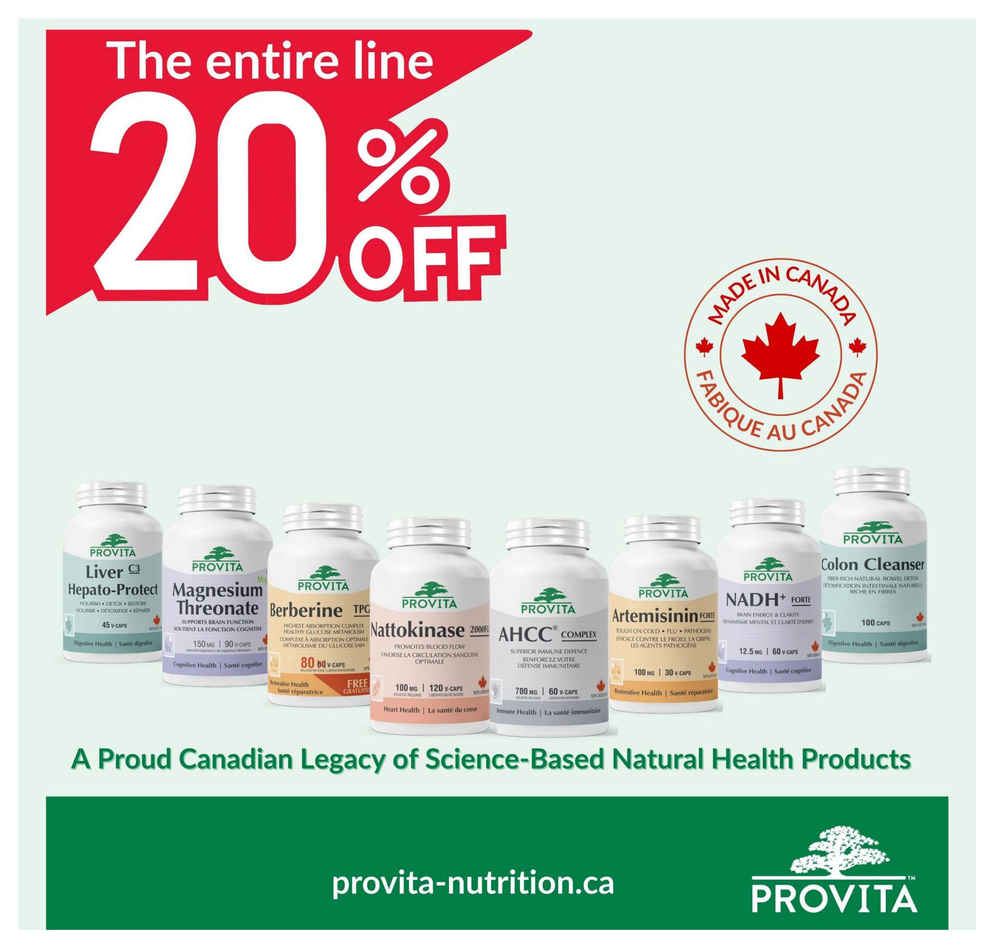 Community Natural Foods flyer specials page featuring a 20% off promotion on the entire line of Provita Nutrition products. Products displayed include Provita Liver C Hepato-Protect (45 V-Caps), Magnesium Threonate (150 mg, 90 V-Caps), Berberine TPG (80 V-Caps) with a free sample offer, Nattokinase (100 mg, 120 V-Caps), AHCC Complex (700 mg, 60 V-Caps), Artemisinin Forte (100 mg, 30 V-Caps), NADH+ Forte (12.5 mg, 60 V-Caps), and Colon Cleanser (100 Caps). All products are highlighted as Made in Canada. The page also features the slogan 'A Proud Canadian Legacy of Science-Based Natural Health Products' and the website 'provita-nutrition.ca'.