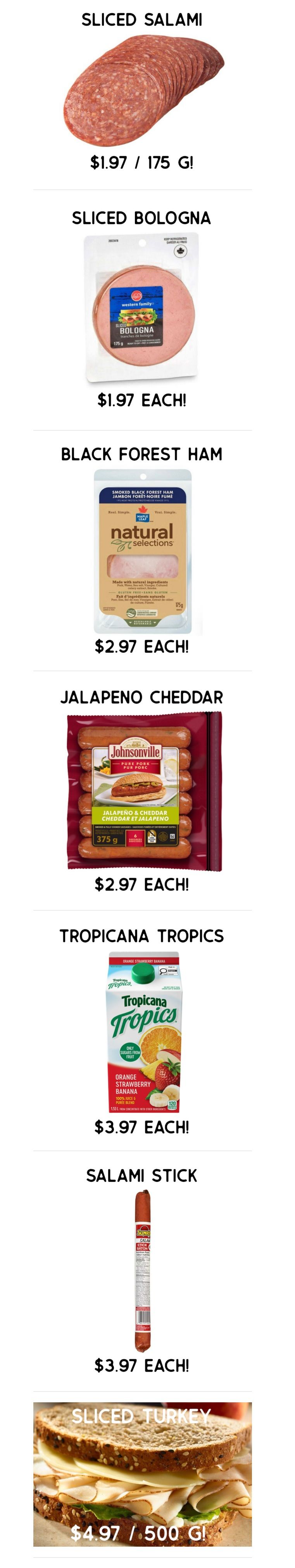 Gateway Meat Market weekly flyer specials page 2 features Sliced Salami for $1.97 per 175g, Sliced Bologna for $1.97 each, Black Forest Ham for $2.97 each, Jalapeno Cheddar sausages for $2.97 each, Tropicana Tropics Orange Strawberry Banana juice for $3.97 each, Salami Stick for $3.97 each, and Sliced Turkey for $4.97 per 500g.