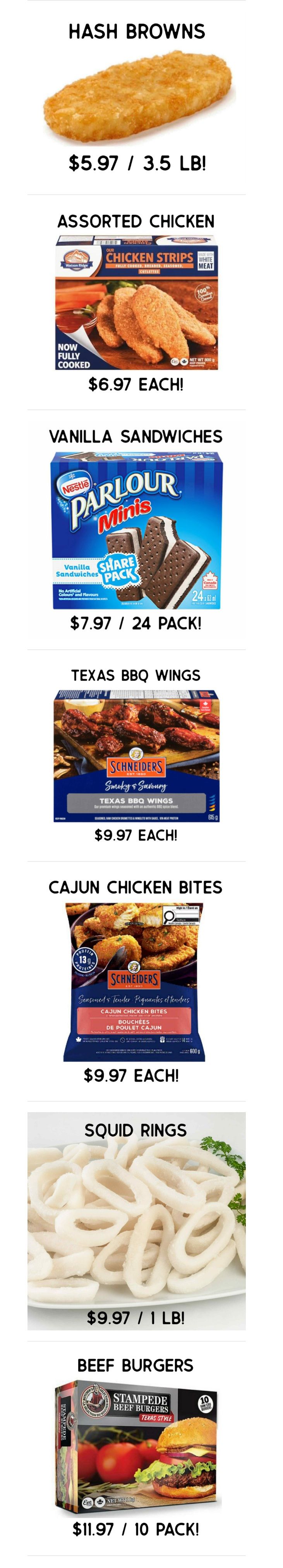 Page 6 of the Gateway Meat Market weekly flyer specials features frozen food items. Available are Hash Browns for $5.97 per 3.5 lb, Assorted Chicken Strips (now fully cooked) for $6.97 each, and Nestle Parlour Minis Vanilla Sandwiches (24 pack) for $7.97. Also featured are Schneiders Texas BBQ Wings for $9.97 each, Schneiders Seasoned & Tender Cajun Chicken Bites for $9.97 each, Squid Rings for $9.97 per 1 lb, and Stampede Beef Burgers (Texas Style, 10 pack) for $11.97.