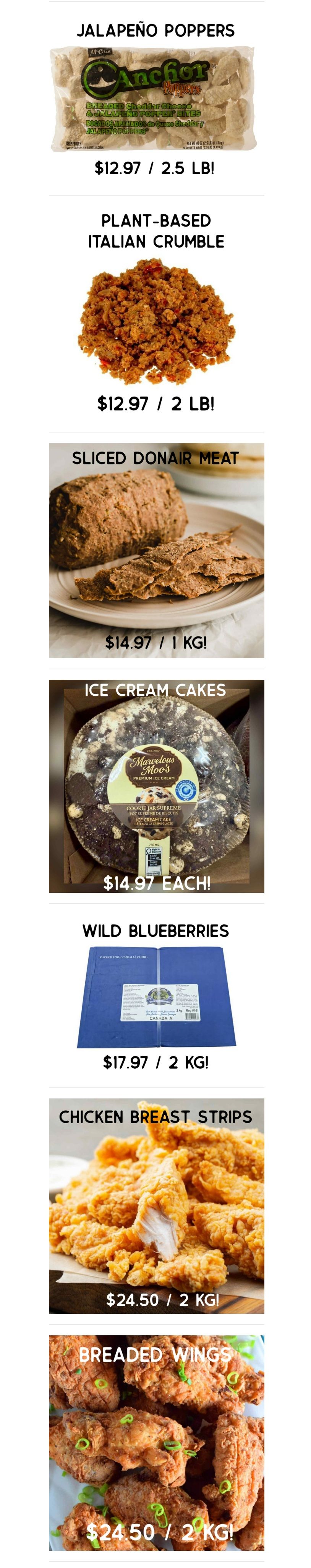 Gateway Meat Market weekly flyer specials page 7 features Anchor Jalapeño Poppers for $12.97 per 2.5 lb bag, Plant-Based Italian Crumble for $12.97 per 2 lb bag, Sliced Donair Meat for $14.97 per 1 kg, Marvelous Moo's Ice Cream Cakes for $14.97 each, Wild Blueberries for $17.97 per 2 kg, Chicken Breast Strips for $24.50 per 2 kg, and Breaded Wings for $24.50 per 2 kg.