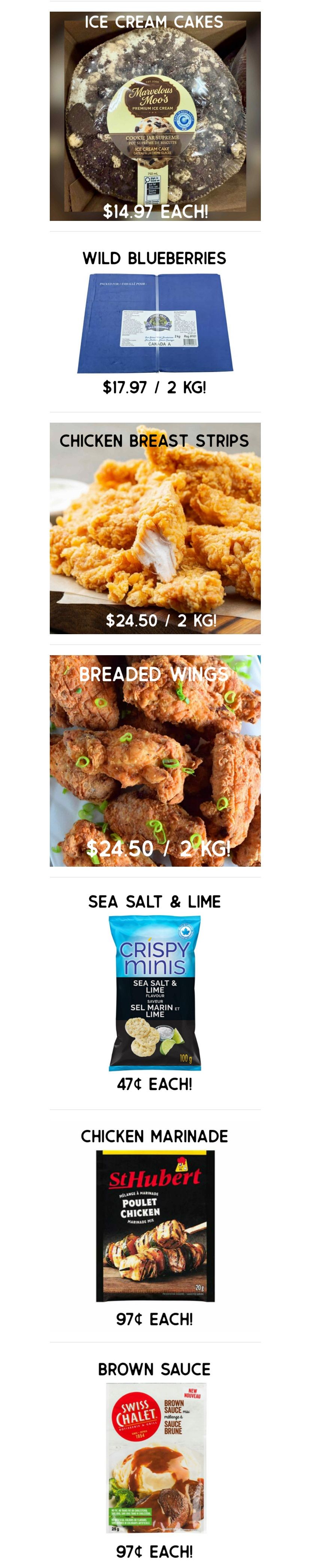 Gateway Meat Market weekly flyer specials page 8 features Marvelous Moo's ice cream cakes for $14.97 each. Also available are Wild Blueberries for $17.97 per 2 kg, Chicken Breast Strips for $24.50 per 2 kg, and Breaded Wings for $24.50 per 2 kg. Crispy Minis Sea Salt & Lime chips are 47¢ each. St. Hubert Chicken Marinade mix is 97¢ each, and Swiss Chalet Brown Sauce mix is also 97¢ each.