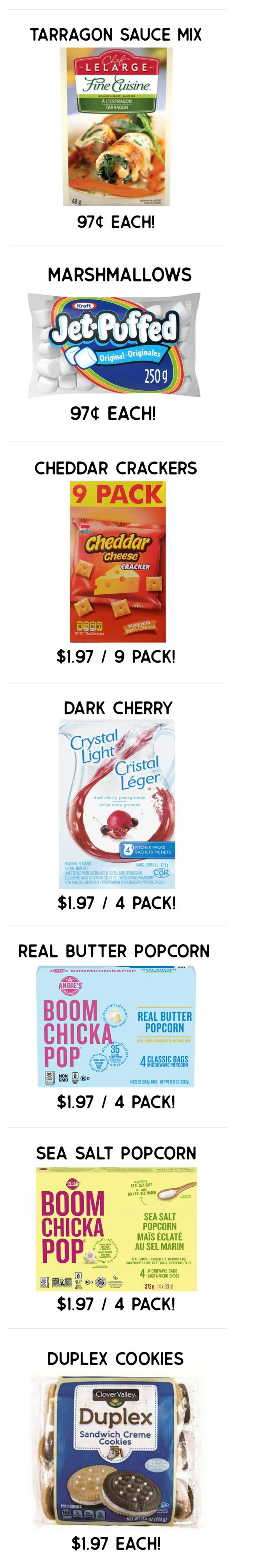 Gateway Meat Market weekly flyer specials page 9 features Chef Lélarge Tarragon Sauce Mix for $0.97 each. Kraft Jet-Puffed Marshmallows (250g) are also $0.97 each. Nabisco Cheddar Crackers (9 pack) are $1.97 per pack. Crystal Light Dark Cherry drink mix (4 pitcher packs) is $1.97 per pack. Angie's Boom Chicka Pop Real Butter Microwave Popcorn (4 classic bags) is $1.97 per pack, and Angie's Boom Chicka Pop Sea Salt Microwave Popcorn (4 classic bags) is $1.97 per pack. Finally, Clover Valley Duplex Sandwich Creme Cookies are $1.97 each.