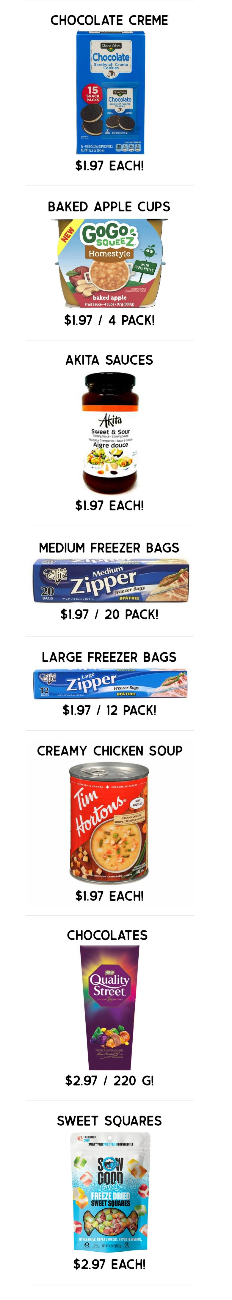 Gateway Meat Market weekly flyer specials page 10 features Chocolate Creme sandwich cookies for $1.97 each, GoGo Squeez Homestyle baked apple fruit sauce cups (4 pack) for $1.97, Akita Sweet & Sour dipping sauce for $1.97 each, Elite Zipper medium freezer bags (20 pack) for $1.97, Elite Zipper large freezer bags (12 pack) for $1.97, Tim Hortons Creamy Chicken soup for $1.97 each, Quality Street chocolates (220g) for $2.97, and Sow Good freeze-dried sweet squares candy for $2.97 each.