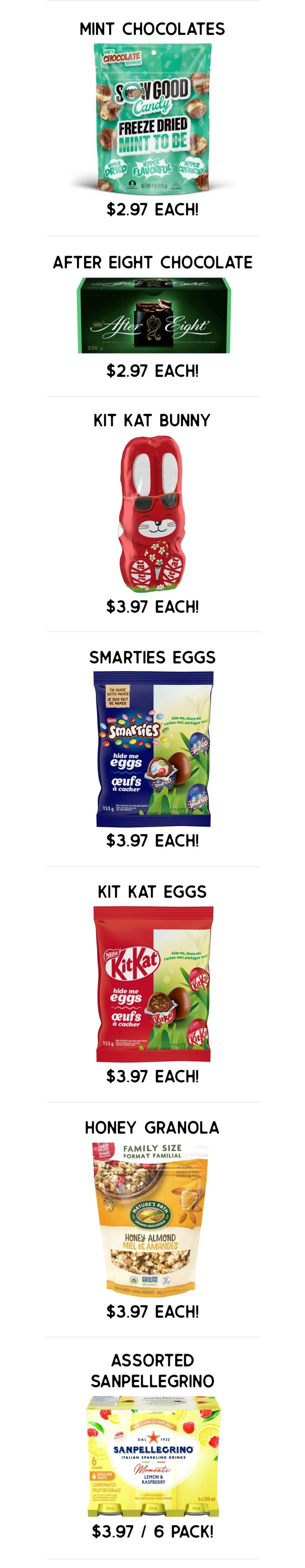 Gateway Meat Market weekly flyer specials page 11 features various confectionery and food items. Offers include 'Sow Good' Mint Chocolates for $2.97 each, After Eight Chocolate for $2.97 each, Kit Kat Bunny for $3.97 each, Smarties Eggs for $3.97 each, and Kit Kat Eggs for $3.97 each. Also featured is Nature's Path Honey Granola (Family Size) for $3.97 each, and Assorted Sanpellegrino Italian Sparkling Drinks (Lemon & Raspberry flavour, 6 pack) for $3.97.