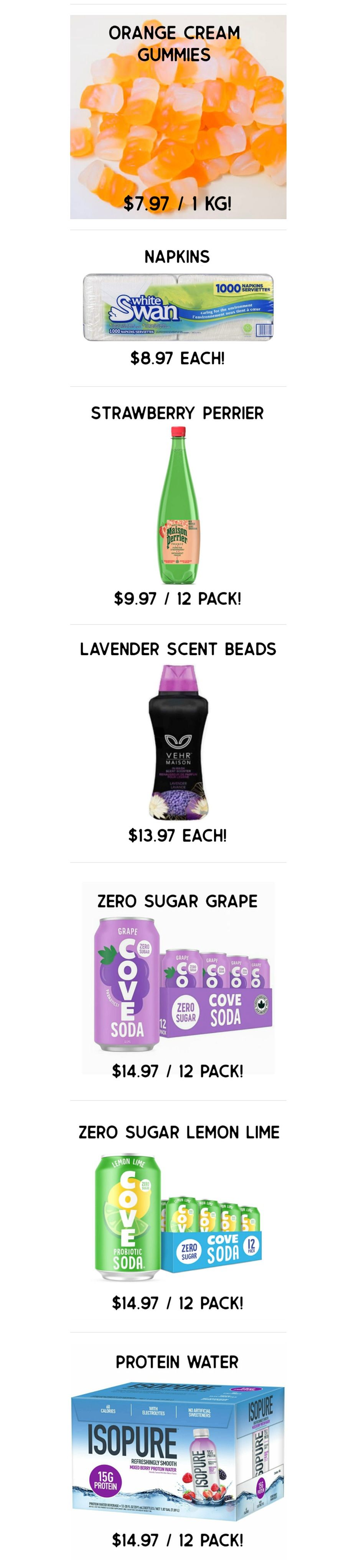 Gateway Meat Market weekly flyer specials page 13 features Orange Cream Gummies for $7.97 per 1 KG, White Swan Napkins for $8.97 each, Strawberry Perrier for $9.97 per 12 pack, Lavender Scent Beads for $13.97 each, Cove Soda Zero Sugar Grape for $14.97 per 12 pack, Cove Soda Zero Sugar Lemon Lime for $14.97 per 12 pack, and Isopure Protein Water for $14.97 per 12 pack.