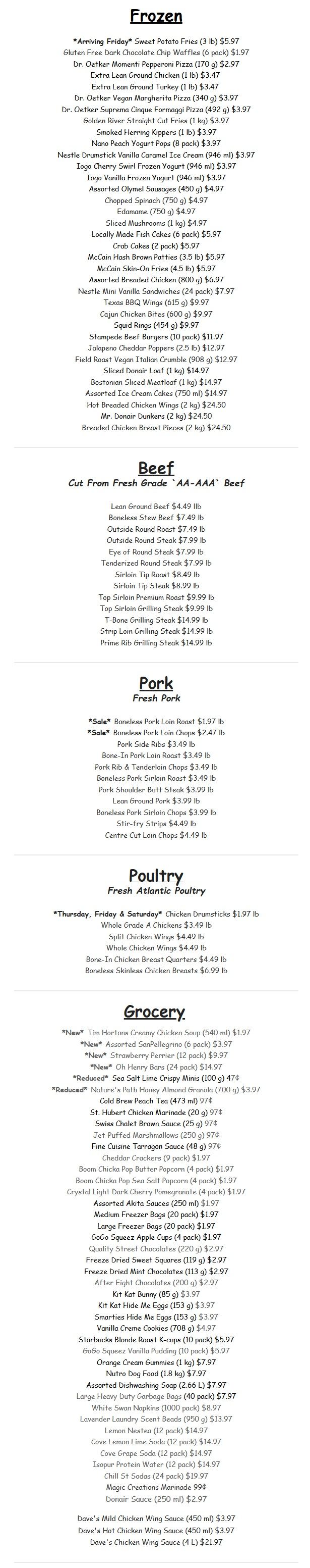Gateway Meat Market weekly flyer specials page 15 features a wide selection of frozen foods, beef, pork, poultry, and grocery items. Frozen section includes Sweet Potato Fries (3 lb) for $5.97, Gluten Free Dark Chocolate Chip Waffles (6 pack) for $1.97, Dr. Oetker Moment Pepperoni Pizza (170 g) for $2.97, Extra Lean Ground Chicken (1 lb) for $3.47, Extra Lean Ground Turkey (1 lb) for $3.47, Dr. Oetker Vegan Margherita Pizza (340 g) for $3.97, Dr. Oetker Suprema Cinque Formaggi Pizza (492 g) for $3.97, Golden River Straight Cut Fries (1 kg) for $3.97, Smoked Herring Kippers (1 lb) for $3.97, Nano Peach Yogurt Pops (8 pack) for $3.97, Nestle Drumstick Vanilla Caramel Ice Cream (946 ml) for $3.97, Iogo Cherry Swirl Frozen Yogurt (946 ml) for $3.97, Iogo Vanilla Frozen Yogurt (946 ml) for $3.97, Assorted Olymel Sausages (450 g) for $4.97, Chopped Spinach (750 g) for $4.97, Edamame (750 g) for $4.97, Sliced Mushrooms (1 kg) for $4.97, Locally Made Fish Cakes (6 pack) for $5.97, Crab Cakes (2 pack) for $5.97, McCain Hash Brown Patties (3.5 lb) for $5.97, McCain Skin-On Fries (4.5 lb) for $5.97, Assorted Breaded Chicken (800 g) for $6.97, Nestle Mini Vanilla Sandwiches (24 pack) for $7.97, Texas BBQ Wings (615 g) for $9.97, Cajun Chicken Bites (600 g) for $9.97, Squid Rings (454 g) for $9.97, Stampede Beef Burgers (10 pack) for $11.97, Jalapeno Cheddar Poppers (2.5 lb) for $12.97, Field Roast Vegan Italian Crumble (908 g) for $12.97, Sliced Donair Loaf (1 kg) for $14.97, Bostonian Sliced Meatloaf (1 kg) for $14.97, Assorted Ice Cream Cakes (750 ml) for $14.97, Hot Breaded Chicken Wings (2 kg) for $24.50, Mr. Donair Dunkers (2 kg) for $24.50, and Breaded Chicken Breast Pieces (2 kg) for $24.50. The Beef section, cut from fresh grade AA-AAA beef, includes Lean Ground Beef for $4.49 lb, Boneless Stew Beef for $7.49 lb, Outside Round Roast for $7.49 lb, Outside Round Steak for $7.99 lb, Eye of Round Steak for $7.99 lb, Tenderized Round Steak for $7.99 lb, Sirloin Tip Roast for $8.49 lb, Sirloin Tip Steak for $8.99 lb, Top Sirloin Premium Roast for $9.99 lb, Top Sirloin Grilling Steak for $9.99 lb, T-Bone Grilling Steak for $14.99 lb, Strip Loin Grilling Steak for $14.99 lb, and Prime Rib Grilling Steak for $14.99 lb. The Pork section, fresh pork, features *Sale* Boneless Pork Loin Roast for $1.97 lb, *Sale* Boneless Pork Loin Chops for $2.47 lb, Pork Side Ribs for $3.49 lb, Bone-In Pork Loin Roast for $3.49 lb, Pork Rib & Tenderloin Chops for $3.49 lb, Boneless Pork Sirloin Roast for $3.49 lb, Pork Shoulder Butt Steak for $3.99 lb, Lean Ground Pork for $3.99 lb, Boneless Pork Sirloin Chops for $3.99 lb, Stir-fry Strips for $4.49 lb, and Centre Cut Loin Chops for $4.49 lb. The Poultry section, fresh Atlantic poultry, includes *Thursday, Friday & Saturday* Chicken Drumsticks for $1.97 lb, Whole Grade A Chickens for $3.49 lb, Split Chicken Wings for $4.49 lb, Whole Chicken Wings for $4.49 lb, Bone-In Chicken Breast Quarters for $4.49 lb, and Boneless Skinless Chicken Breasts for $6.99 lb. The Grocery section includes *New* Tim Hortons Creamy Chicken Soup (540 ml) for $1.97, *New* Assorted San Pellegrino (6 pack) for $3.97, *New* Strawberry Perrier (12 pack) for $9.97, *New* Oh Henry Bars (24 pack) for $14.97, *Reduced* Sea Salt Lime Crispy Minis (100 g) for 47¢, *Reduced* Nature's Path Honey Almond Granola (700 g) for $3.97, Cold Brew Peach Tea (473 ml) for 97¢, St. Hubert Chicken Marinade (20 g) for 97¢, Swiss Chalet Brown Sauce (25 g) for 97¢, Jet-Puffed Marshmallows (250 g) for 97¢, Fine Cuisine Tarragon Sauce (48 g) for 97¢, Cheddar Crackers (9 pack) for $1.97, Boom Chicka Pop Butter Popcorn (4 pack) for $1.97, Boom Chicka Pop Sea Salt Popcorn (4 pack) for $1.97, Crystal Light Dark Cherry Pomegranate (4 pack) for $1.97, Assorted Akita Sauces (250 ml) for $1.97, Medium Freezer Bags (20 pack) for $1.97, Large Freezer Bags (20 pack) for $1.97, GoGo Squeez Apple Cups (4 pack) for $1.97, Quality Street Chocolates (220 g) for $2.97, Freeze Dried Sweet Squares (119 g) for $2.97, Freeze Dried Mint Chocolates (113 g) for $2.97, After Eight Chocolates (200 g) for $2.97, Kit Kat Bunny (85 g) for $3.97, Kit Kat Hide Me Eggs (153 g) for $3.97, Smarties Hide Me Eggs (153 g) for $3.97, Vanilla Creme Cookies (708 g) for $4.97, Starbucks Blonde Roast K-cups (10 pack) for $5.97, GoGo Squeez Vanilla Pudding (10 pack) for $5.97, Orange Cream Gummies (1 kg) for $7.97, Nutro Dog Food (1.8 kg) for $7.97, Assorted Dishwashing Soap (2.66 L) for $7.97, Large Heavy Duty Garbage Bags (40 pack) for $7.97, White Swan Napkins (1000 pack) for $8.97, Lavender Laundry Scent Beads (950 g) for $13.97, Lemon Nestea (12 pack) for $14.97, Cove Lemon Lime Soda (12 pack) for $14.97, Cove Grape Soda (12 pack) for $14.97, Isopur Protein Water (12 pack) for $14.97, Chill St Sodas (24 pack) for $19.97, Magic Creations Marinade for 99¢, Donair Sauce (250 ml) for $2.97, Dave's Mild Chicken Wing Sauce (450 ml) for $3.97, Dave's Hot Chicken Wing Sauce (450 ml) for $3.97, and Dave's Chicken Wing Sauce (4 L) for $21.97.