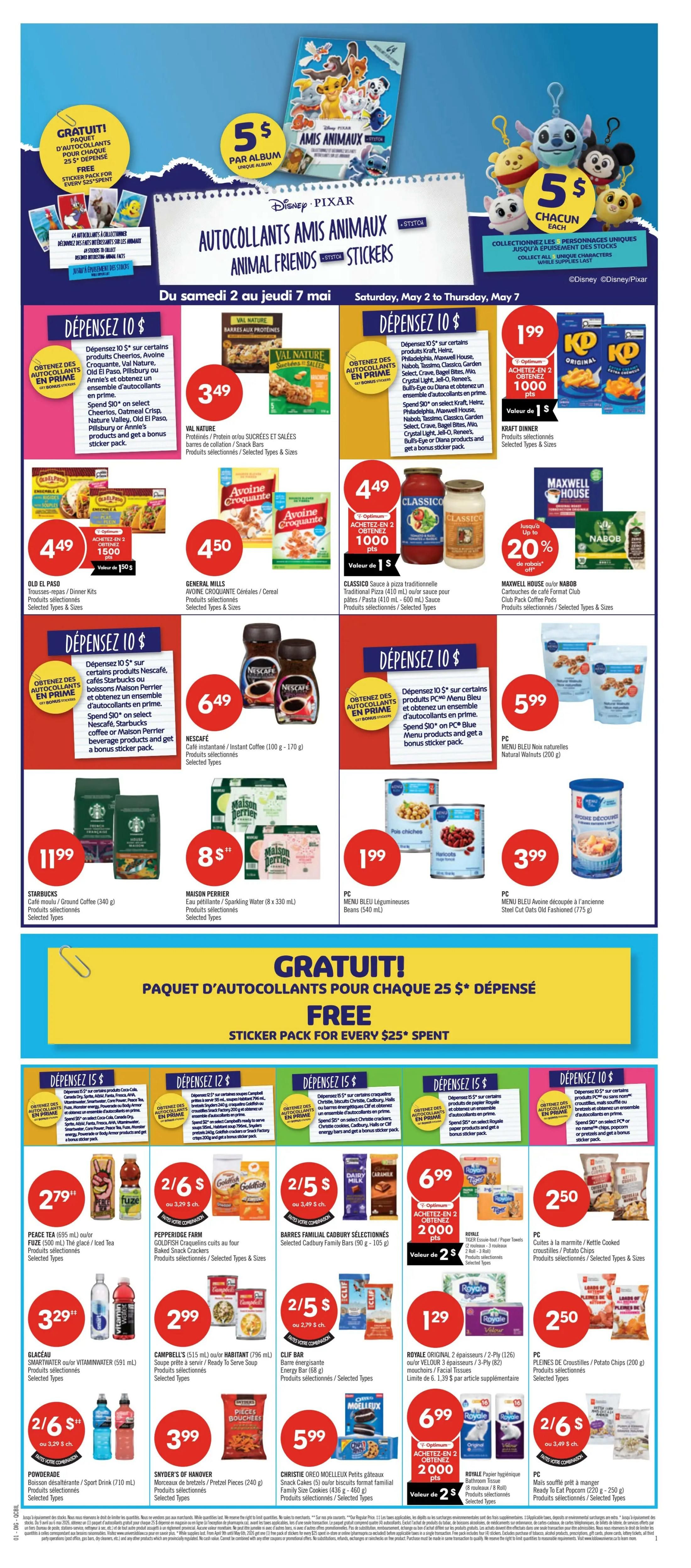 Pharmaprix weekly flyer specials, page 4. Features Seniors' Day with 20% off select products with PC Optimum card or app. Also, a St. Hubert promo card for spending $60 or more. Red Hot Deals include Depend or Poise products for $17.99, Life Brand Vitamins for $5.49/to $24.49, Crest toothpaste and toothbrush for $6.99, Tampax Pocket Pearl Tampons for $10.99, Dove Bar Soap for $4.99, OGX Hair Care for $9.99, and Excellence Hair Colour for $12.99. Lay's Family Size Potato Chips are 2 for $6. Live well, save often section offers Listerine Total Care Rinse for $4.99, Sensodyne toothpaste for $4.99, Dove Men+Care body wash for $7.99, Neutrogena Deep Clean cleanser for $9.99, PC Biscuits/Cookie for $3.99, and Royale Paper Towels for $6.99. Breathe Right Nasal Strips are $19.99, Netrinse soothing formula packets for $13.79, Iams, Cesar, Pedigree cat or dog food with up to 25% off, and Cascade dish detergent for $2.50/5. Arthri-Flex for $5.49/to $21.99, ThermaCare heat wraps for $11.49, L'Oreal Hair Expertise treatments for $8.99, Aussie Hair products for $4.49, Royale Velour toilet paper for $1.29, and Vim dish soap for $2.50/5. Huggies Super Boxed Diapers are $26.99. Kotex Tampons for $4.99. Marcelle Xtension Plus Mascara and Maybelline New York Super Stay Matte Ink are $10.99. Gillette Venus Razors for $9.99. Kraft Miracled Whip for $3. Head Ankle Socks for men or women for $4. Takis Tortilla Chips for $2.25.